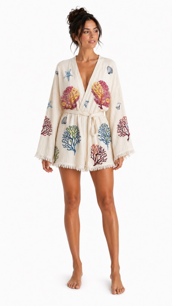 Sedna Kadın Ekru Müslin Kimono Bornoz – Kuşaklı, Püskül Detaylı, Oversize Rahat Kesim Plaj & Ev Giyim