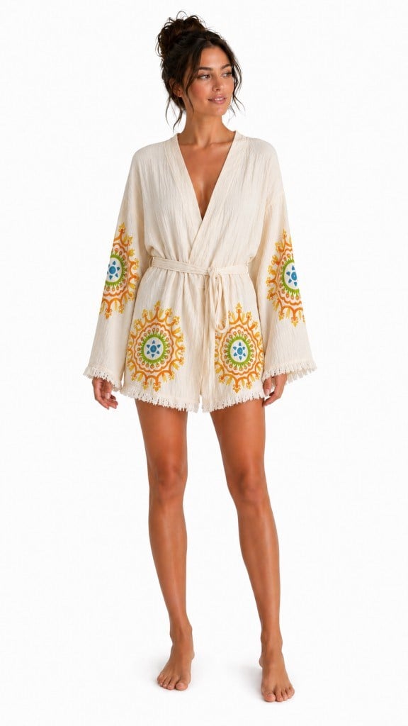 Sedna Kadın Ekru Müslin Kimono Bornoz – Kuşaklı, Püskül Detaylı, Oversize Rahat Kesim Plaj & Ev Giyim
