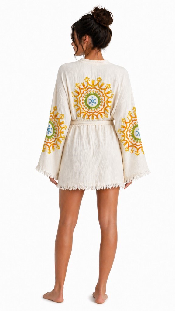 Sedna Kadın Ekru Müslin Kimono Bornoz – Kuşaklı, Püskül Detaylı, Oversize Rahat Kesim Plaj & Ev Giyim