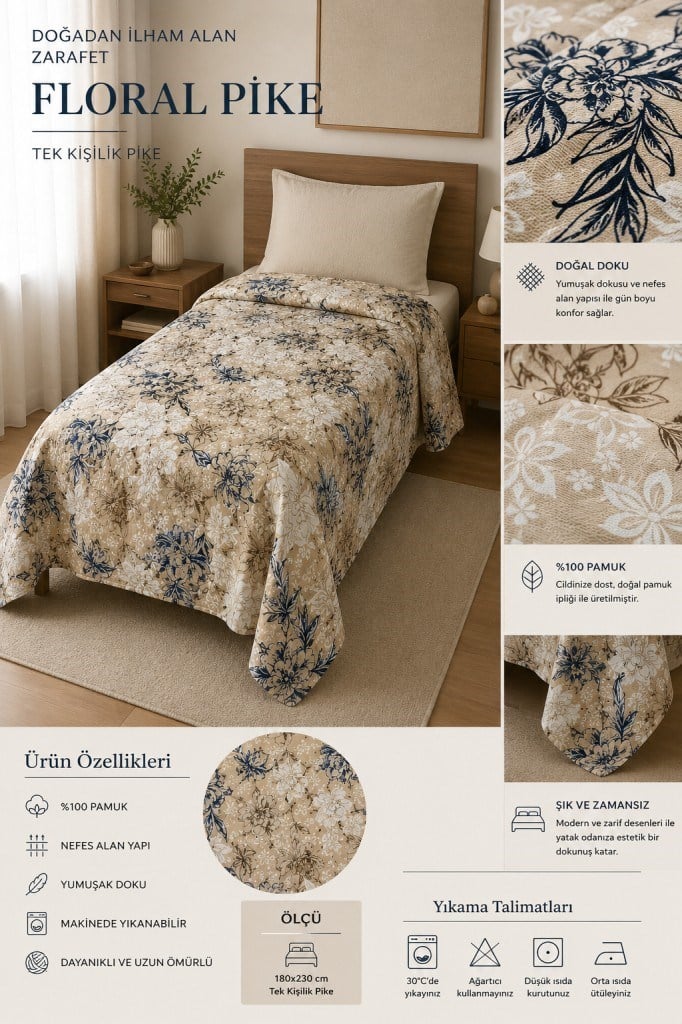 Tek Kişilik Pike Yatak Örtüsü %100 Pamuk 170x230