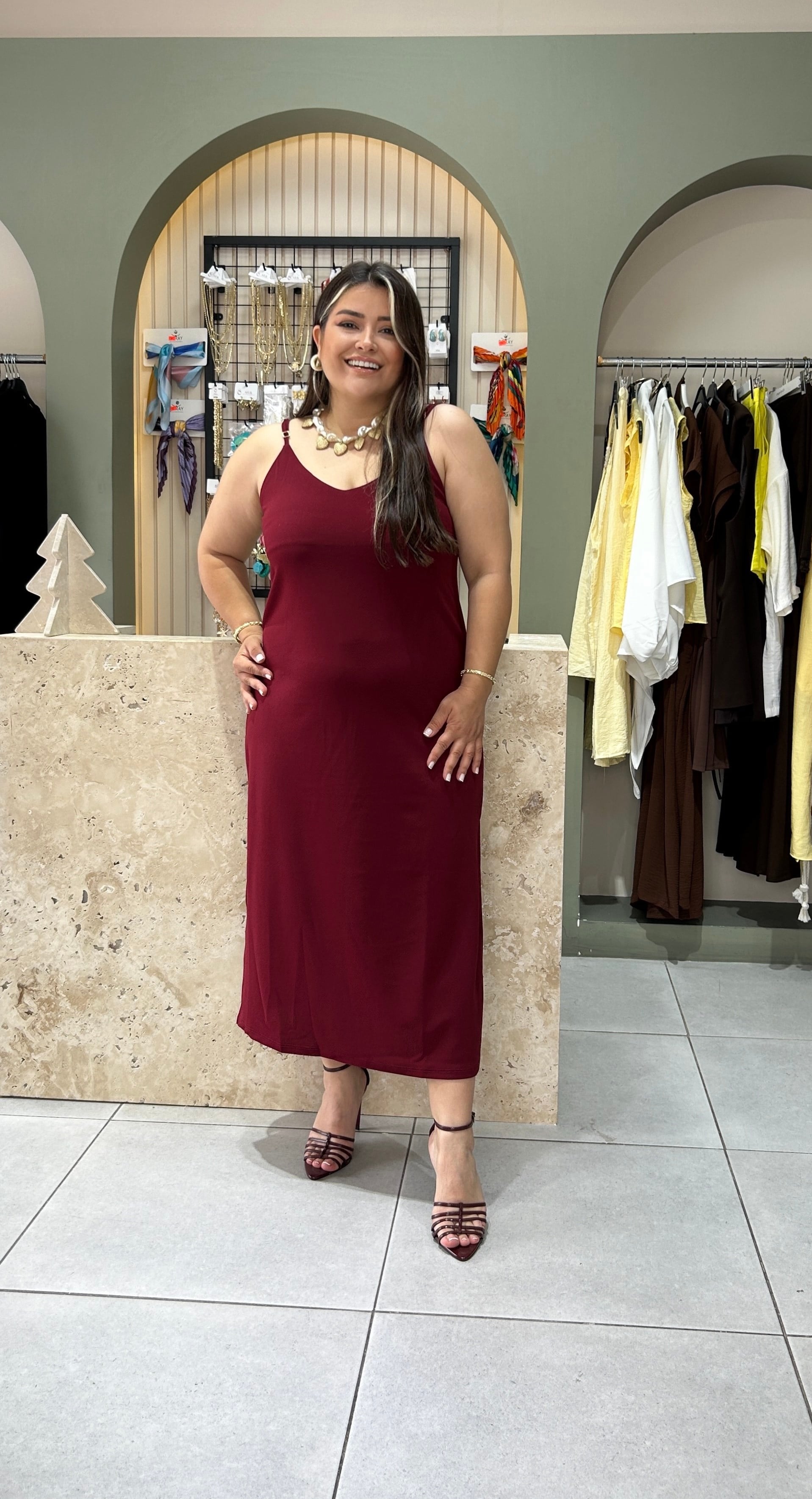 5022-Bordo  Askılı Elbise