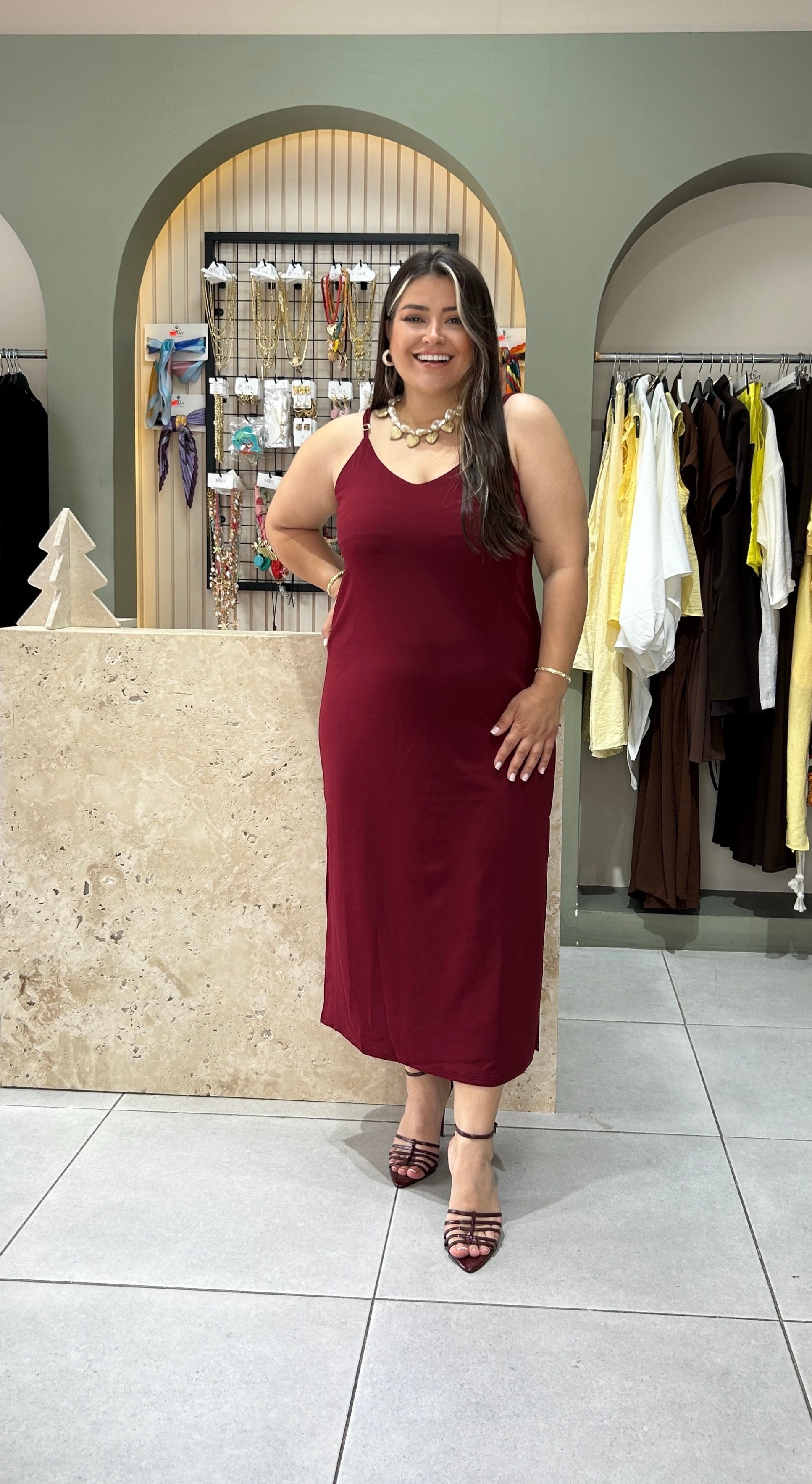 5022-Bordo  Askılı Elbise