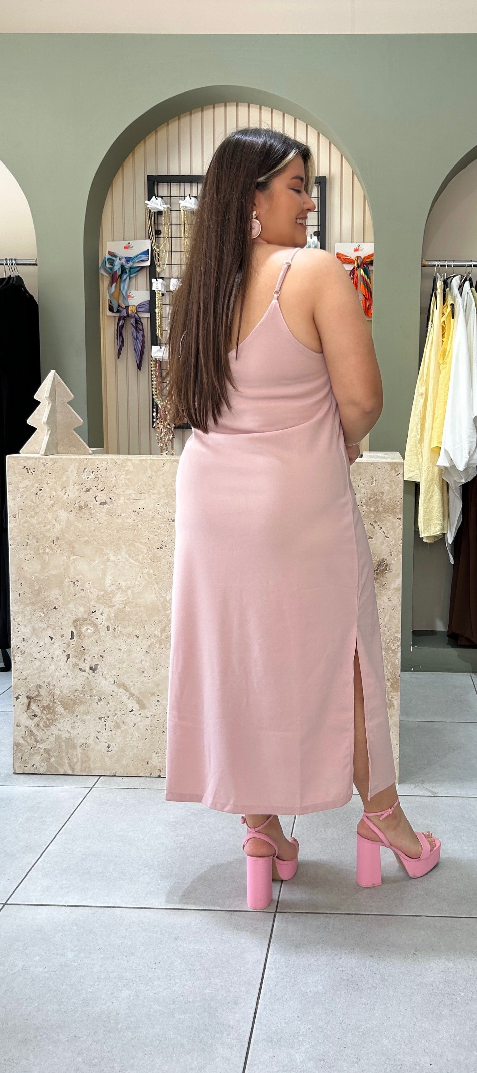 5022-Pudra Askılı Elbise