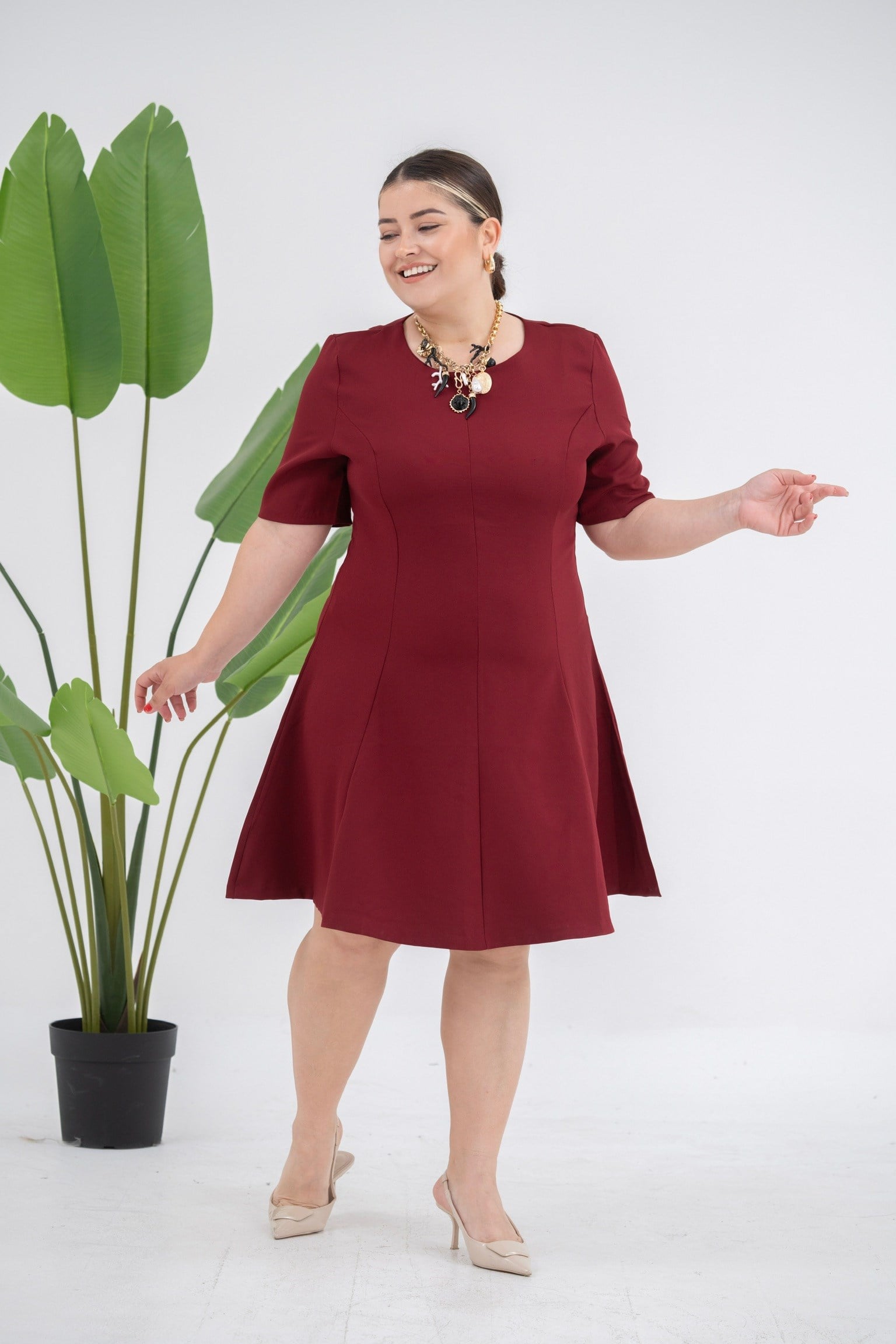 5031-Bordo Godeli Elbise 