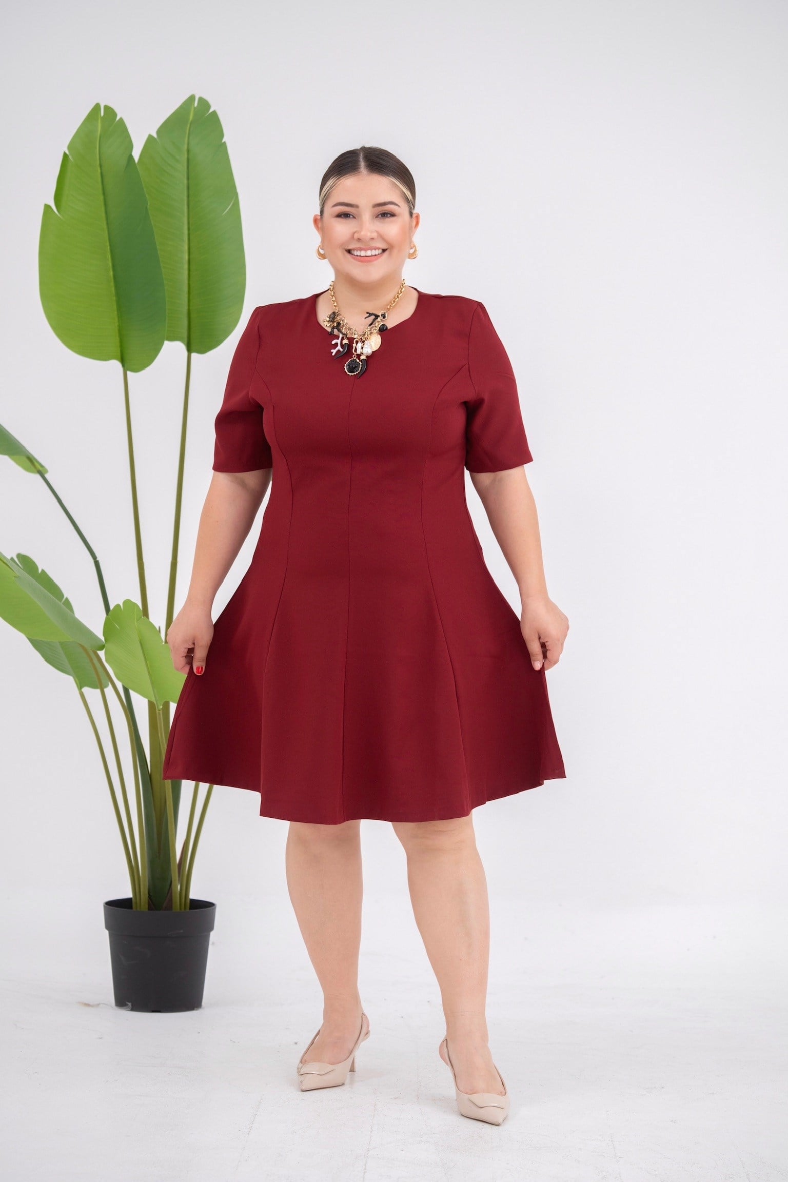 5031-Bordo Godeli Elbise 