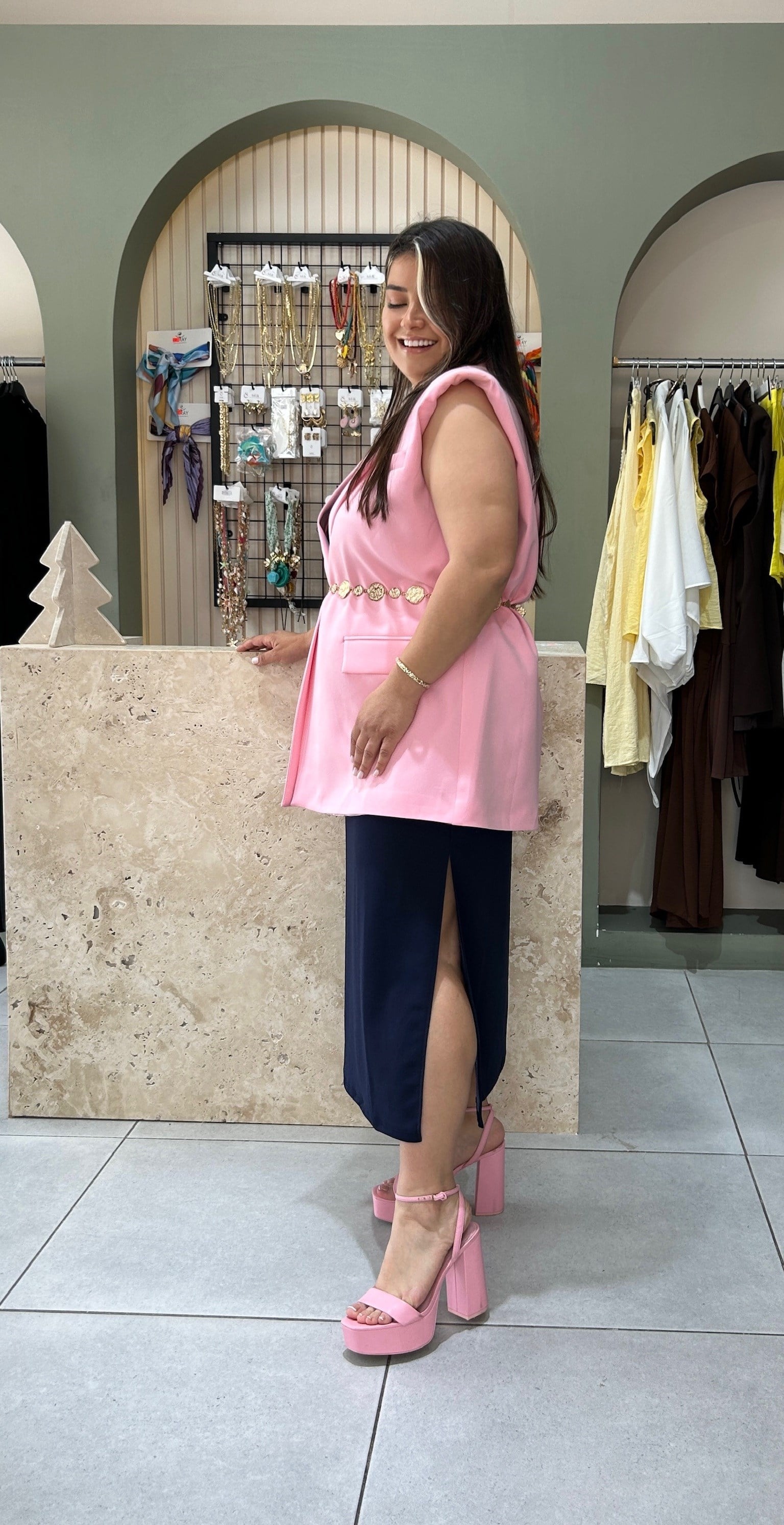 968-Pembe Vatkalı Blazer Yelek