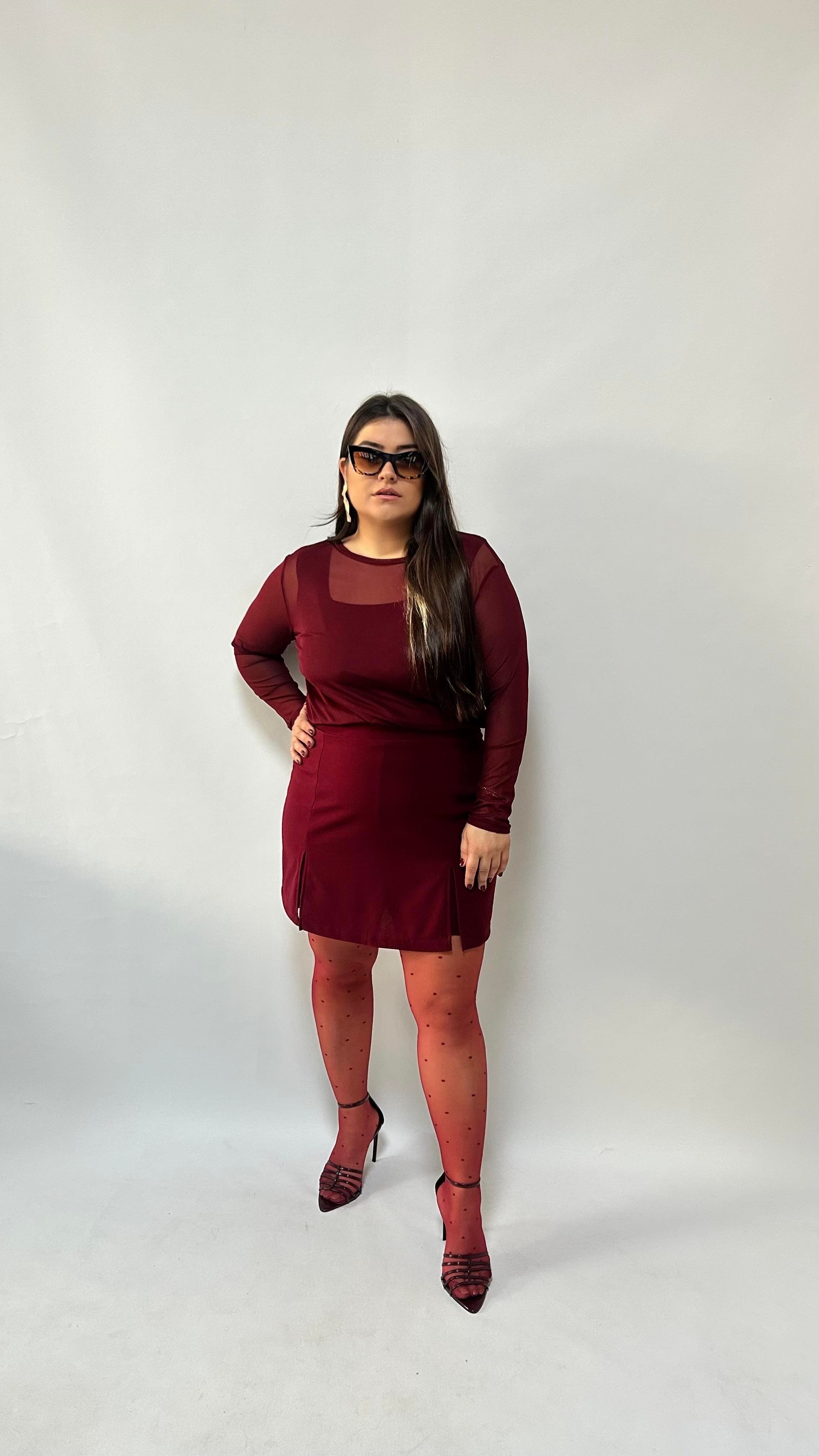 Bordo Çift Yırtmaçlı Likralı Şort Etek