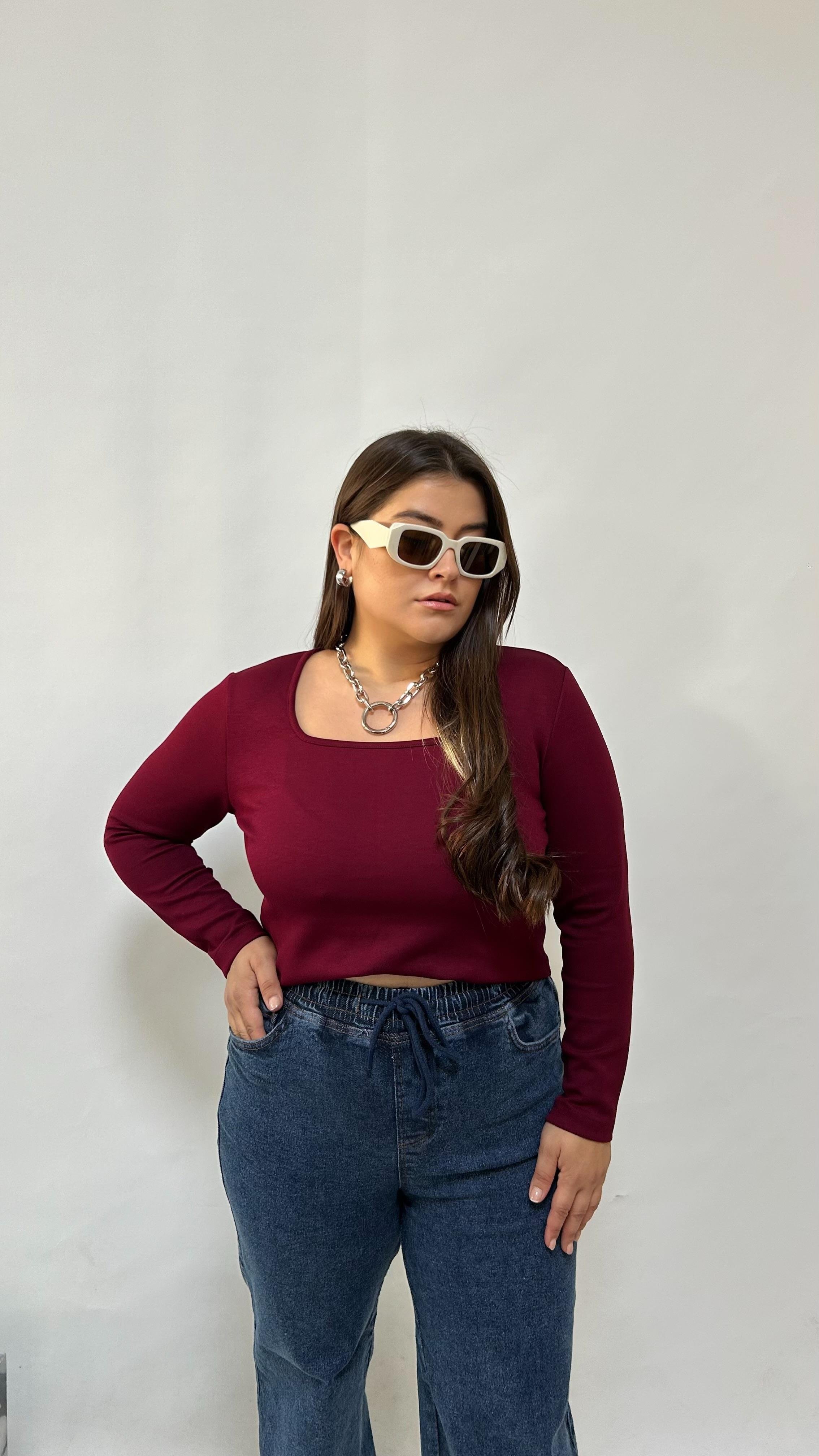 Bordo Kare Yaka Modal Kumaş Bluz 