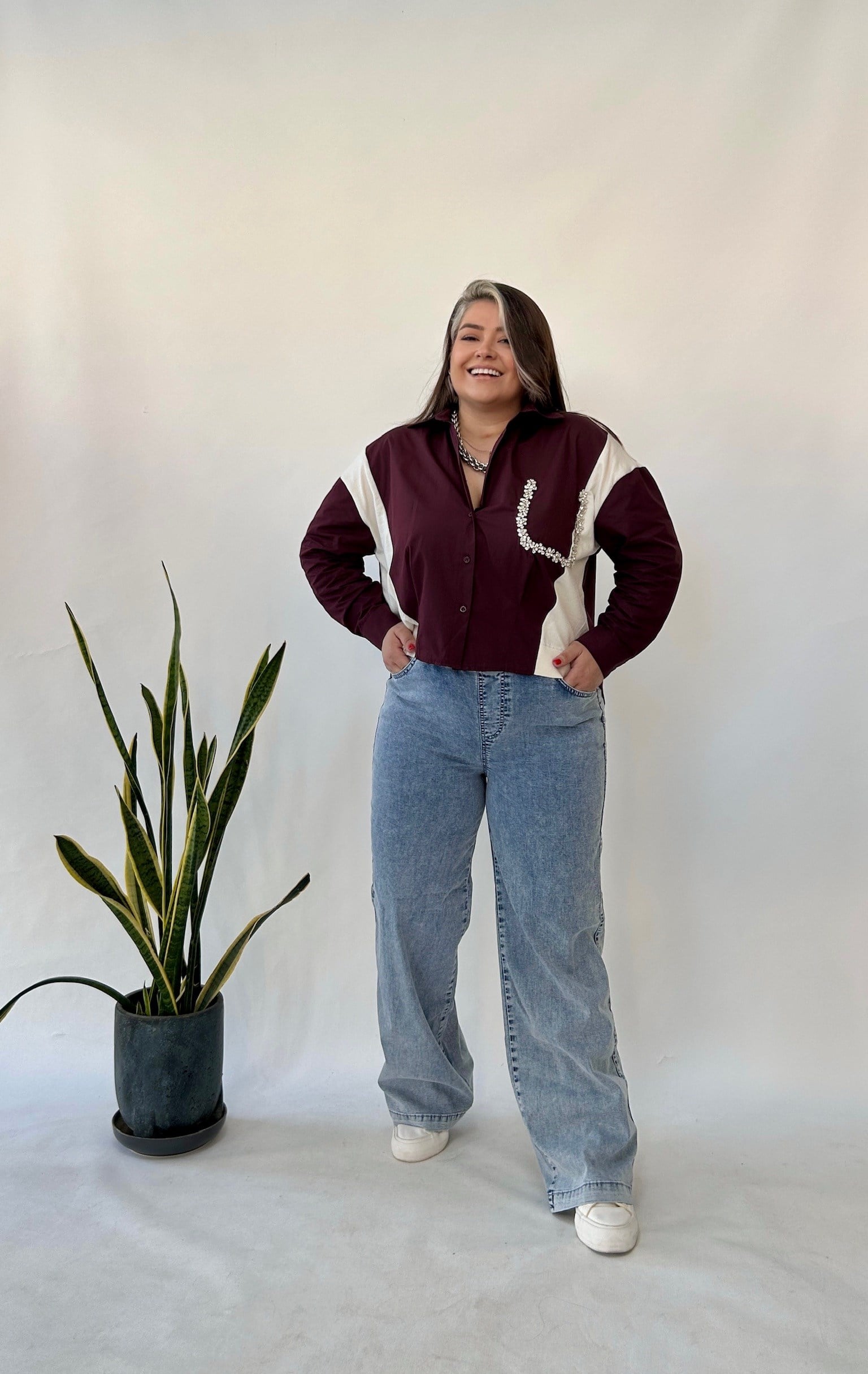 Bordo Triko Poplin Detaylı Bluz