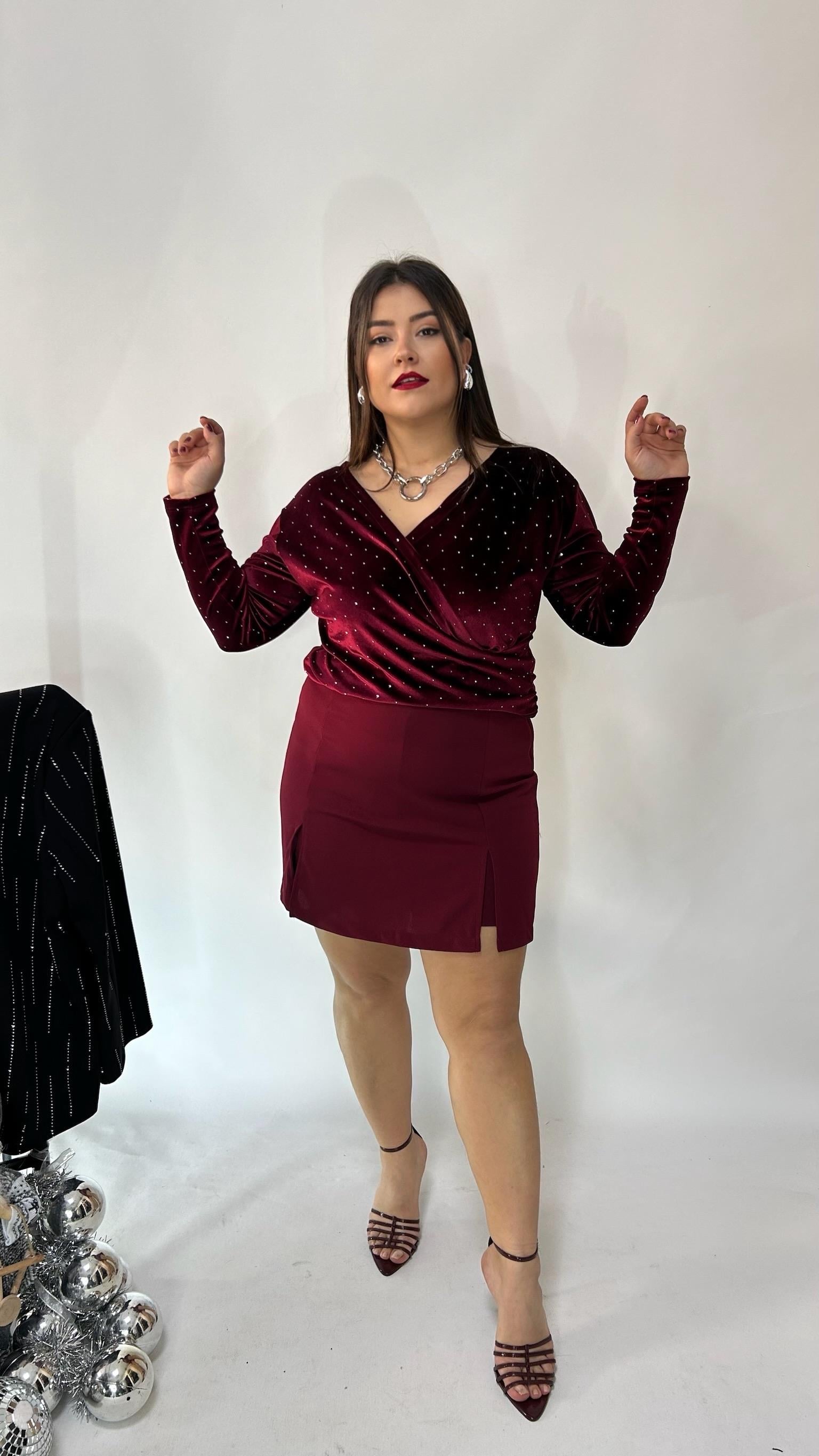 Bordo Yırtmaçlı Likralı Şort Etek