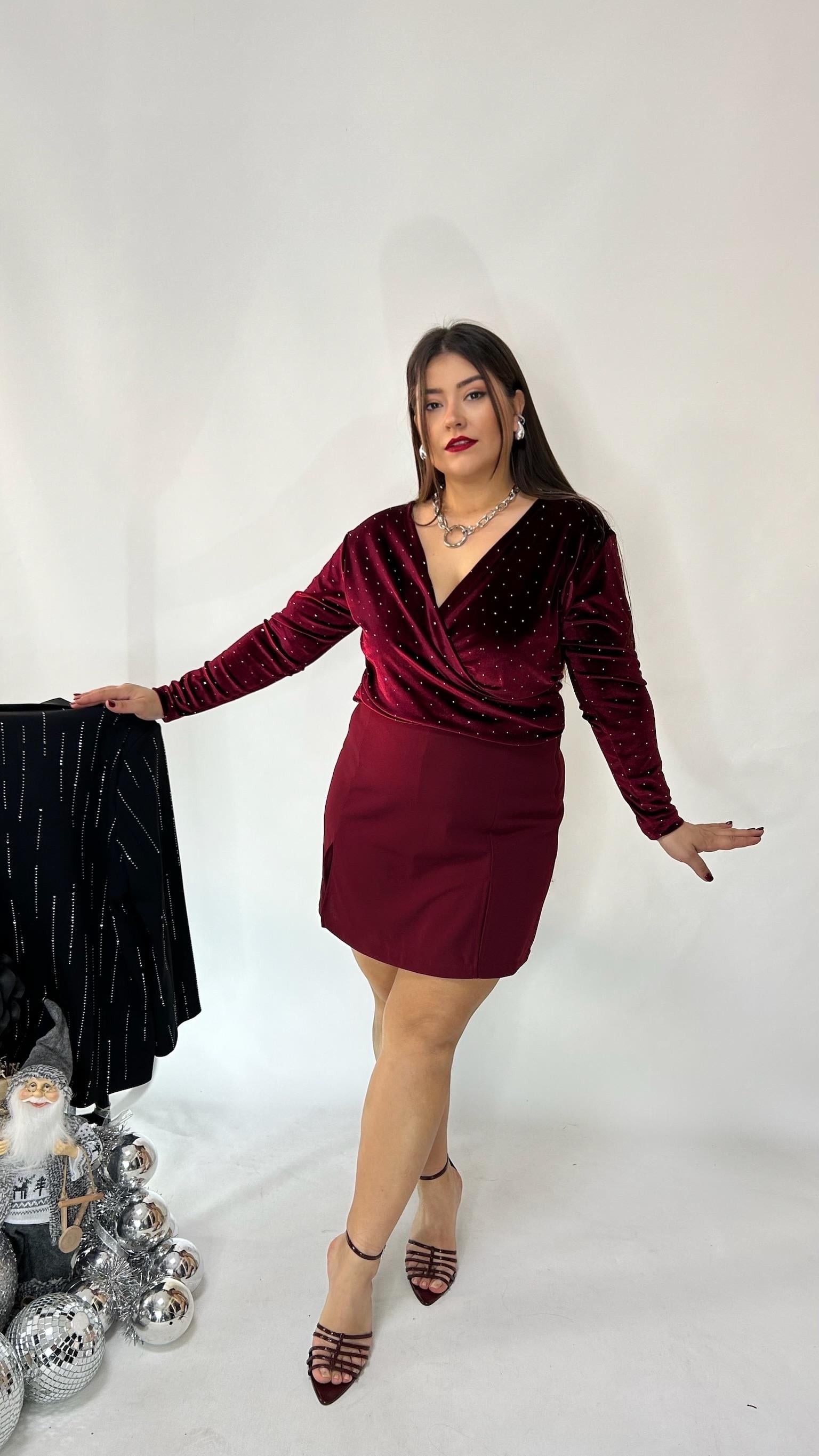 Bordo Yırtmaçlı Likralı Şort Etek