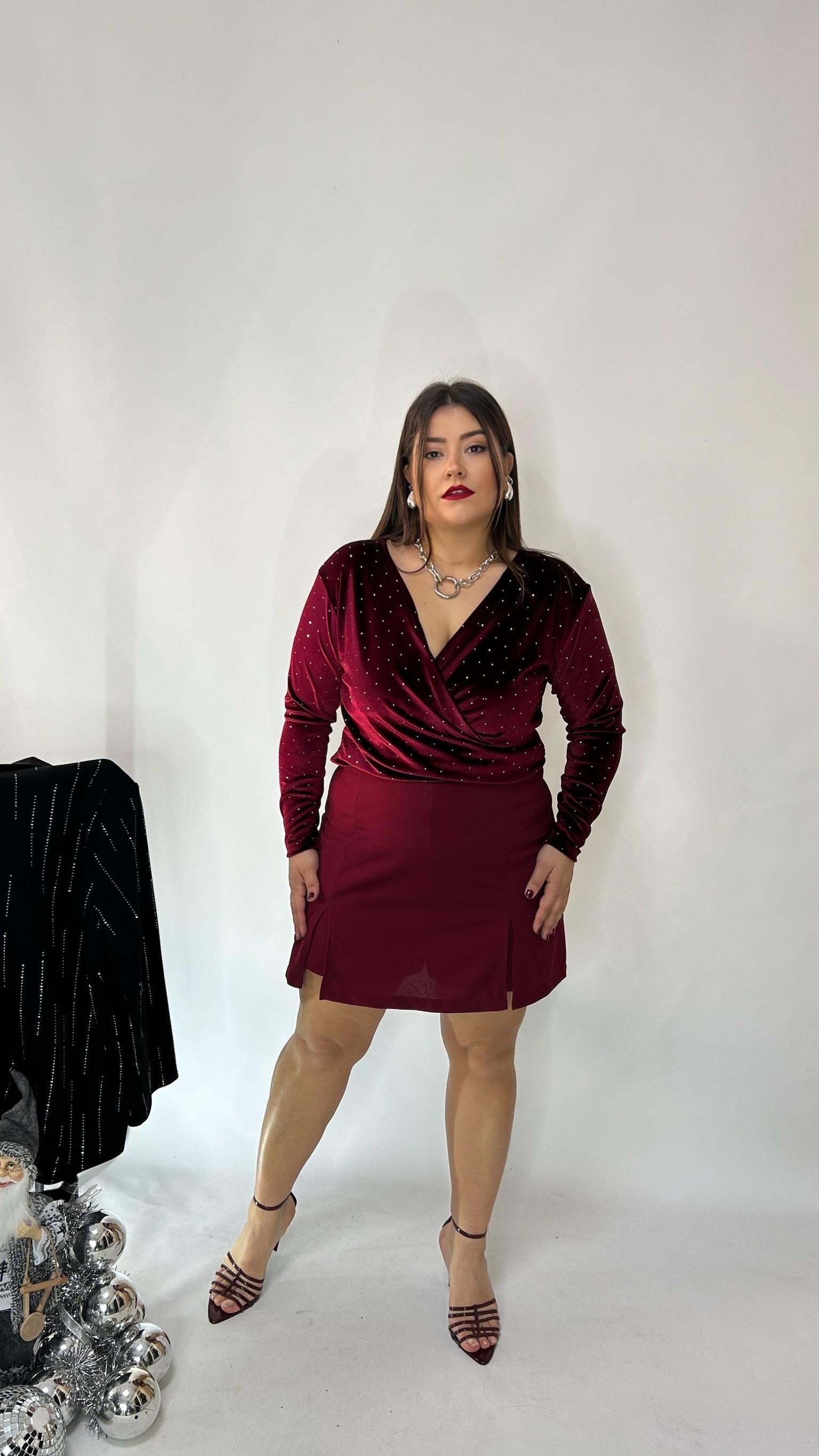 Bordo Yırtmaçlı Likralı Şort Etek