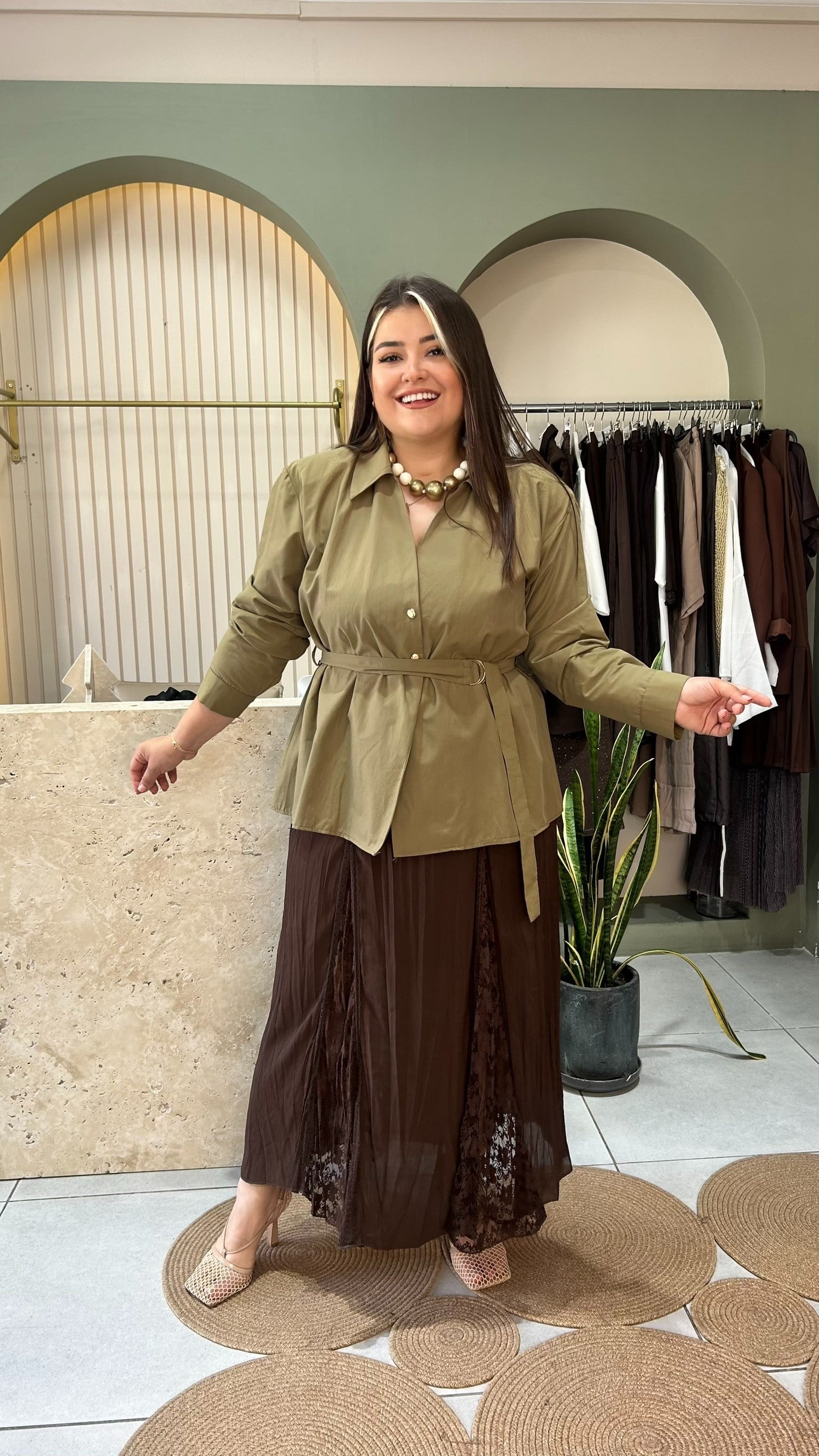 Kahve Dantel Dilimli Etek 