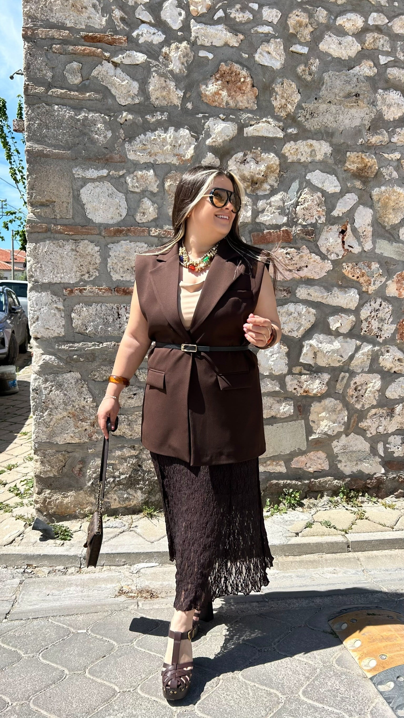 Kahve Vatkalı Blazer Yelek