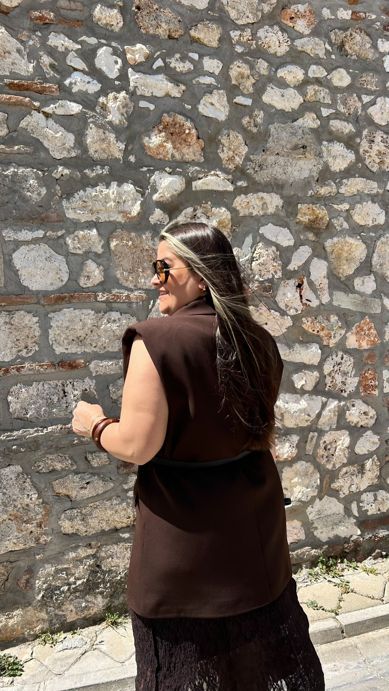 Kahve Vatkalı Blazer Yelek