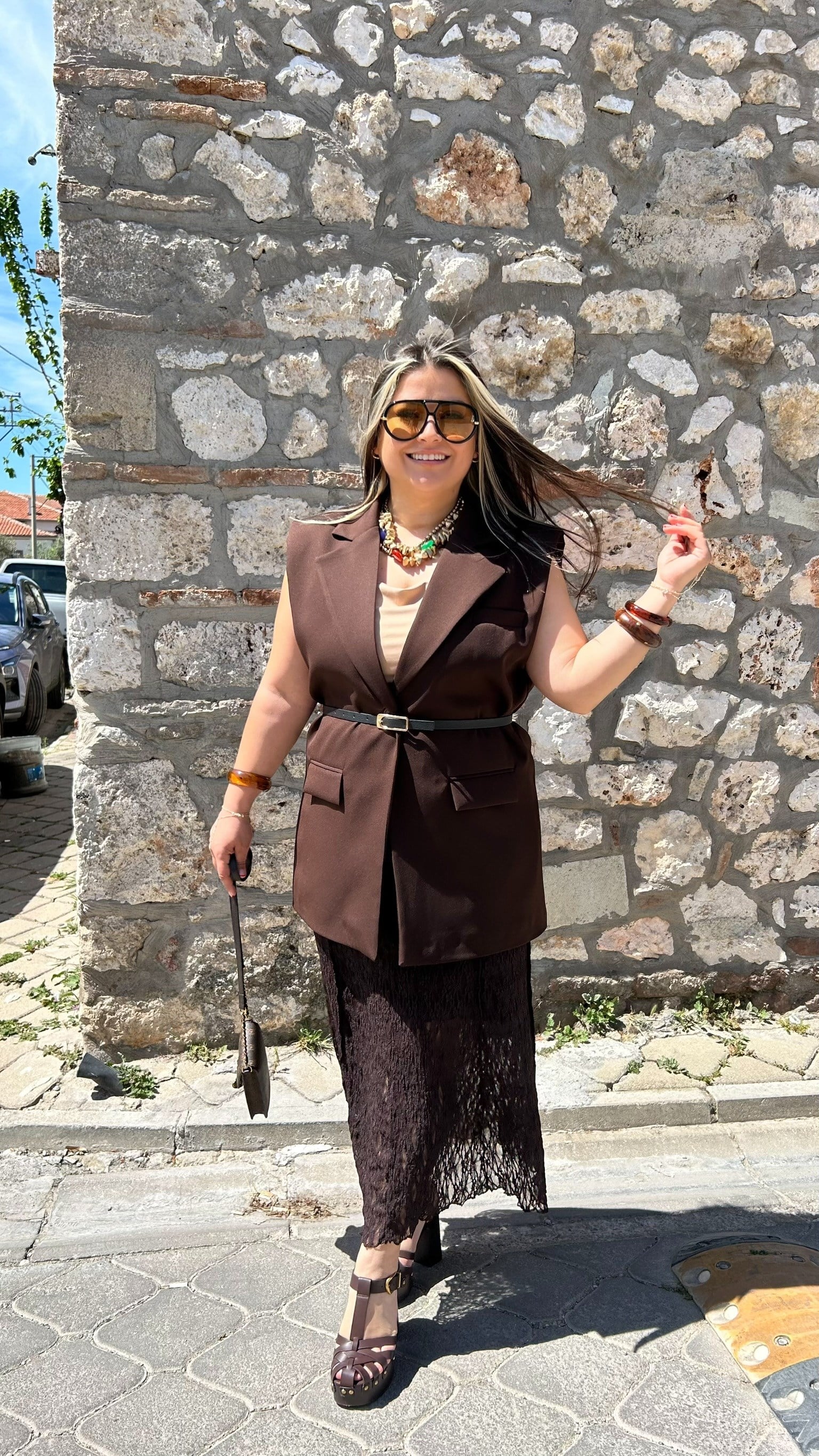 Kahve Vatkalı Blazer Yelek