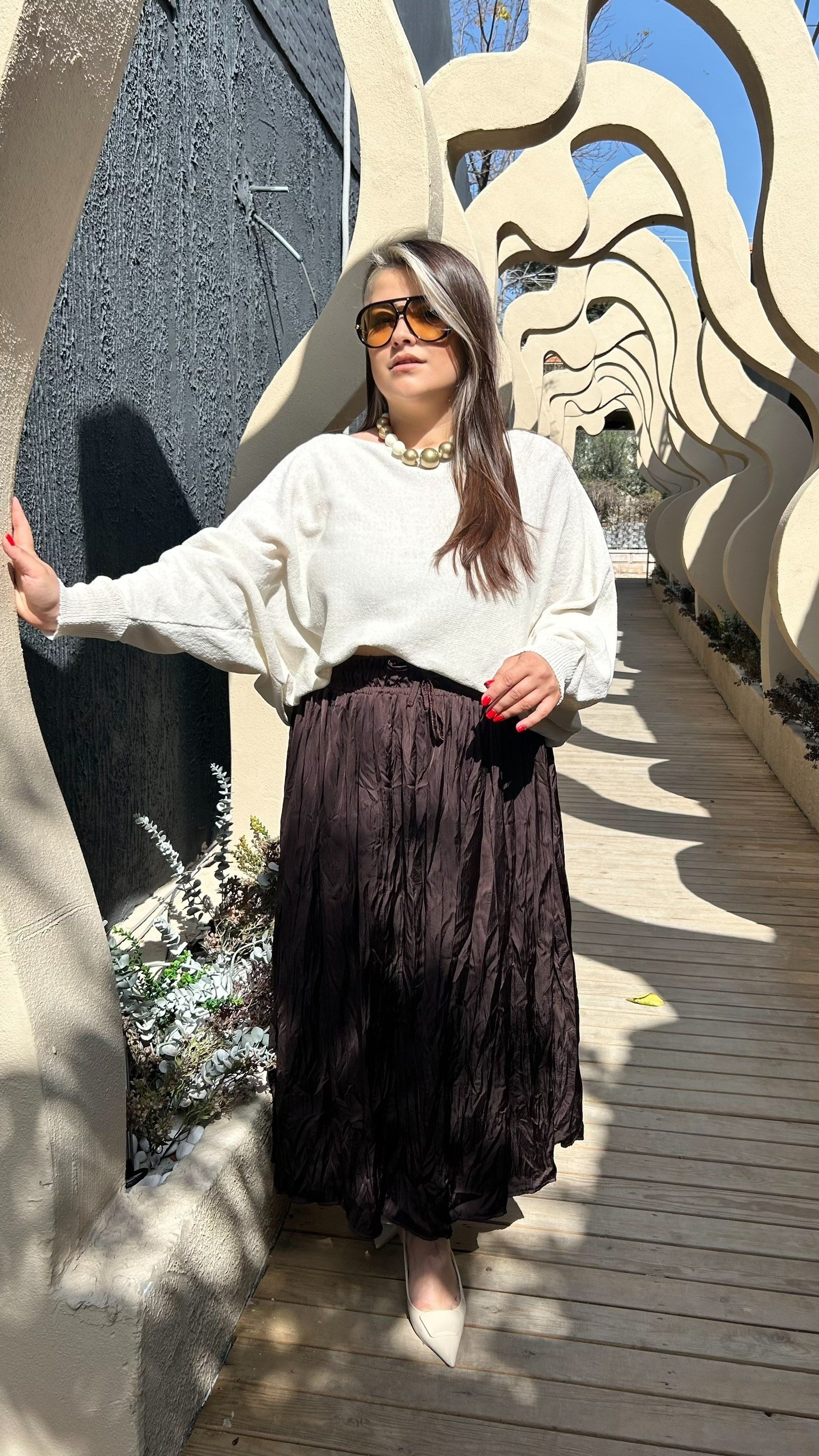 Kahverengi Kırışık Efekt Etek