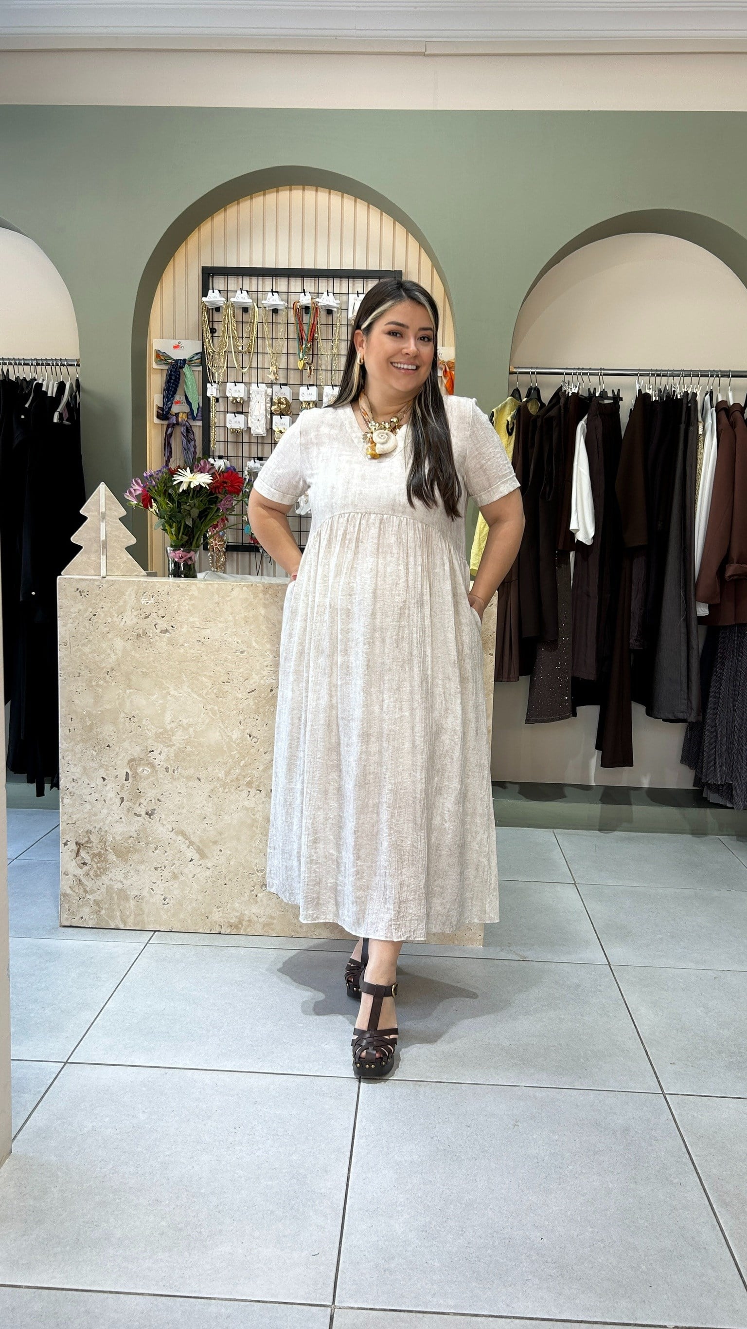 Krem Batik Desen Elbise