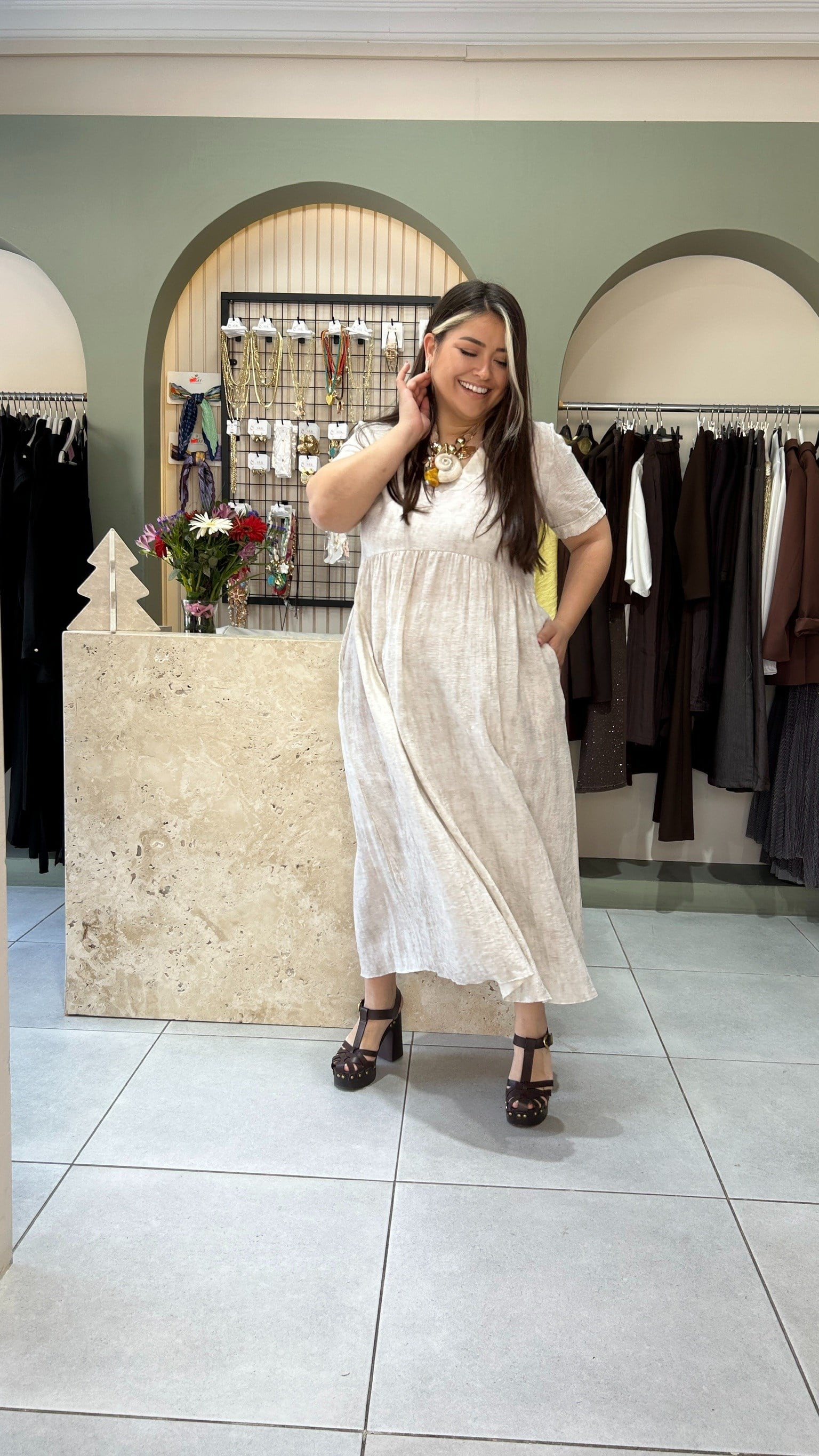 Krem Batik Desen Elbise