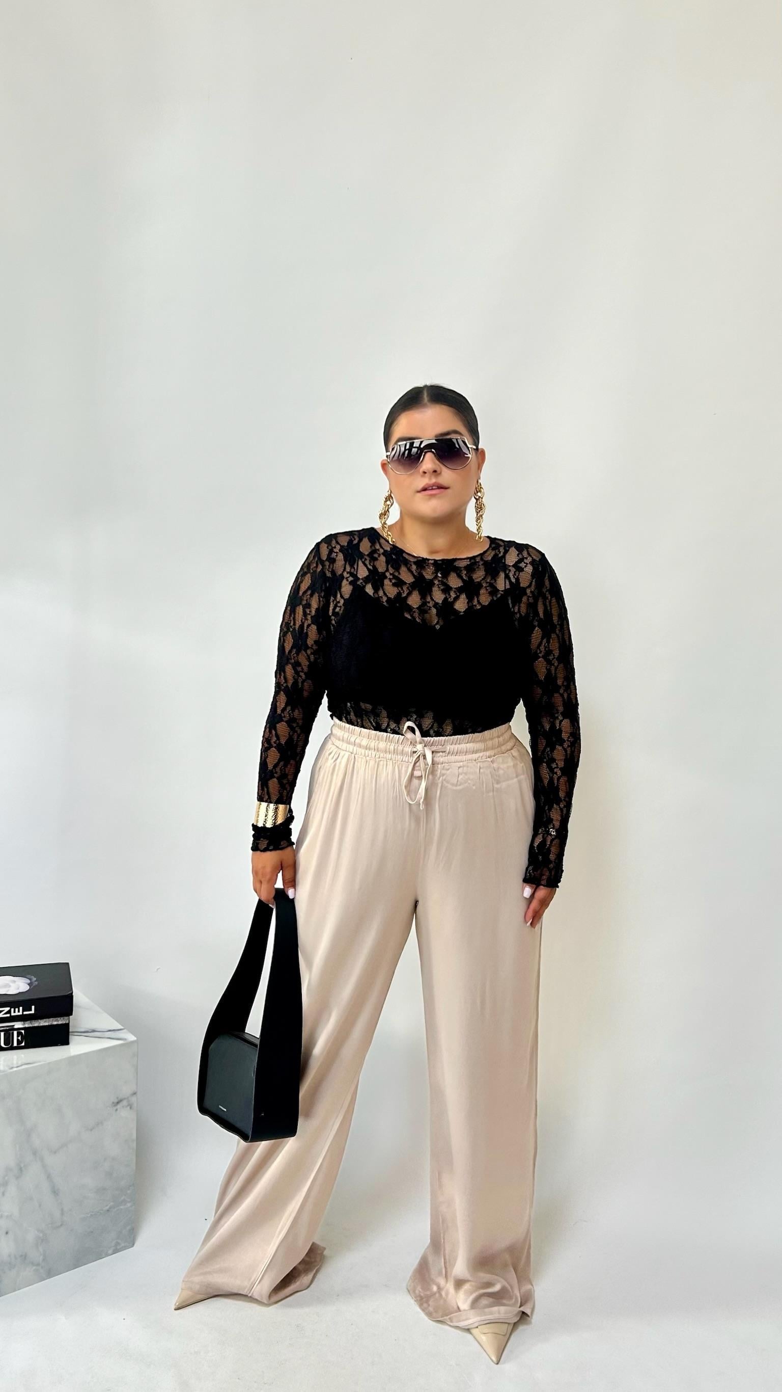 Krem Pamuk Saten Pantolon