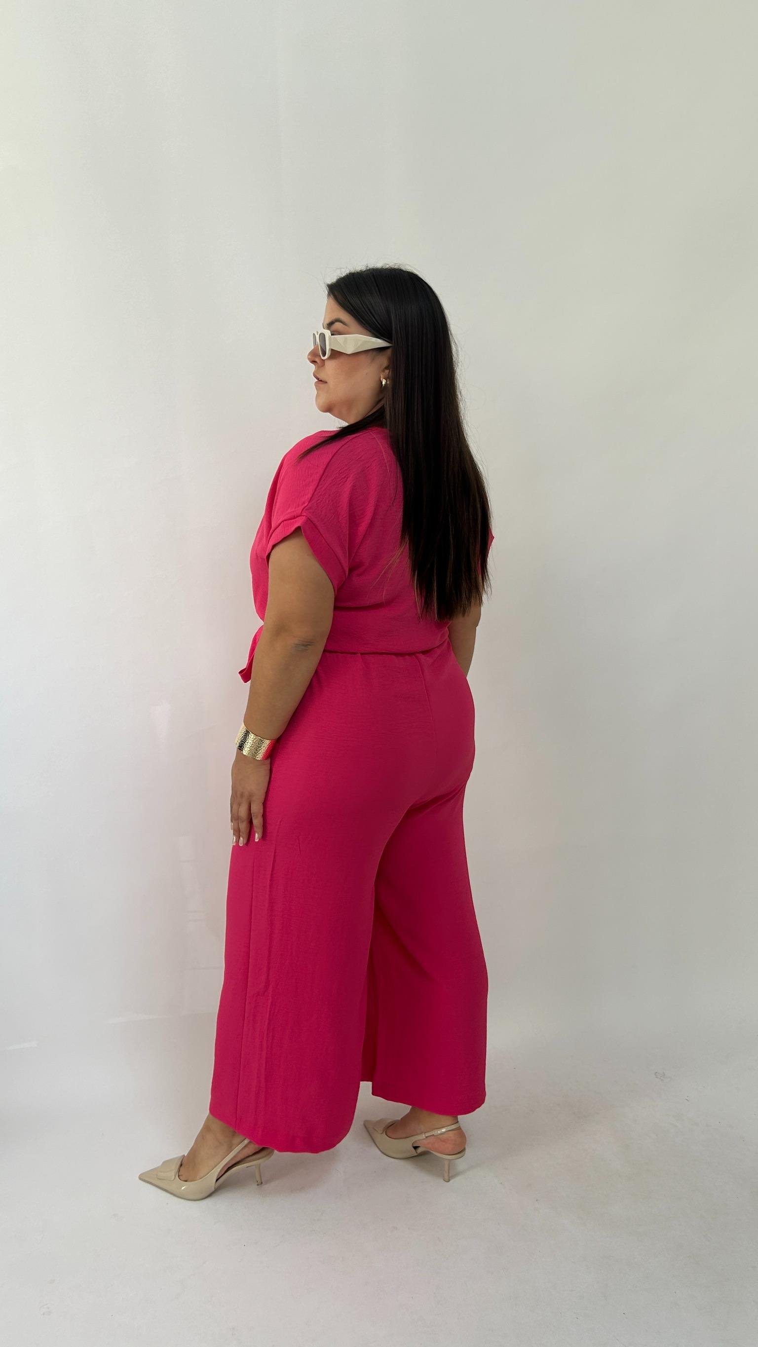 Kruvaze Yaka Pembe Dokuma Tulum 