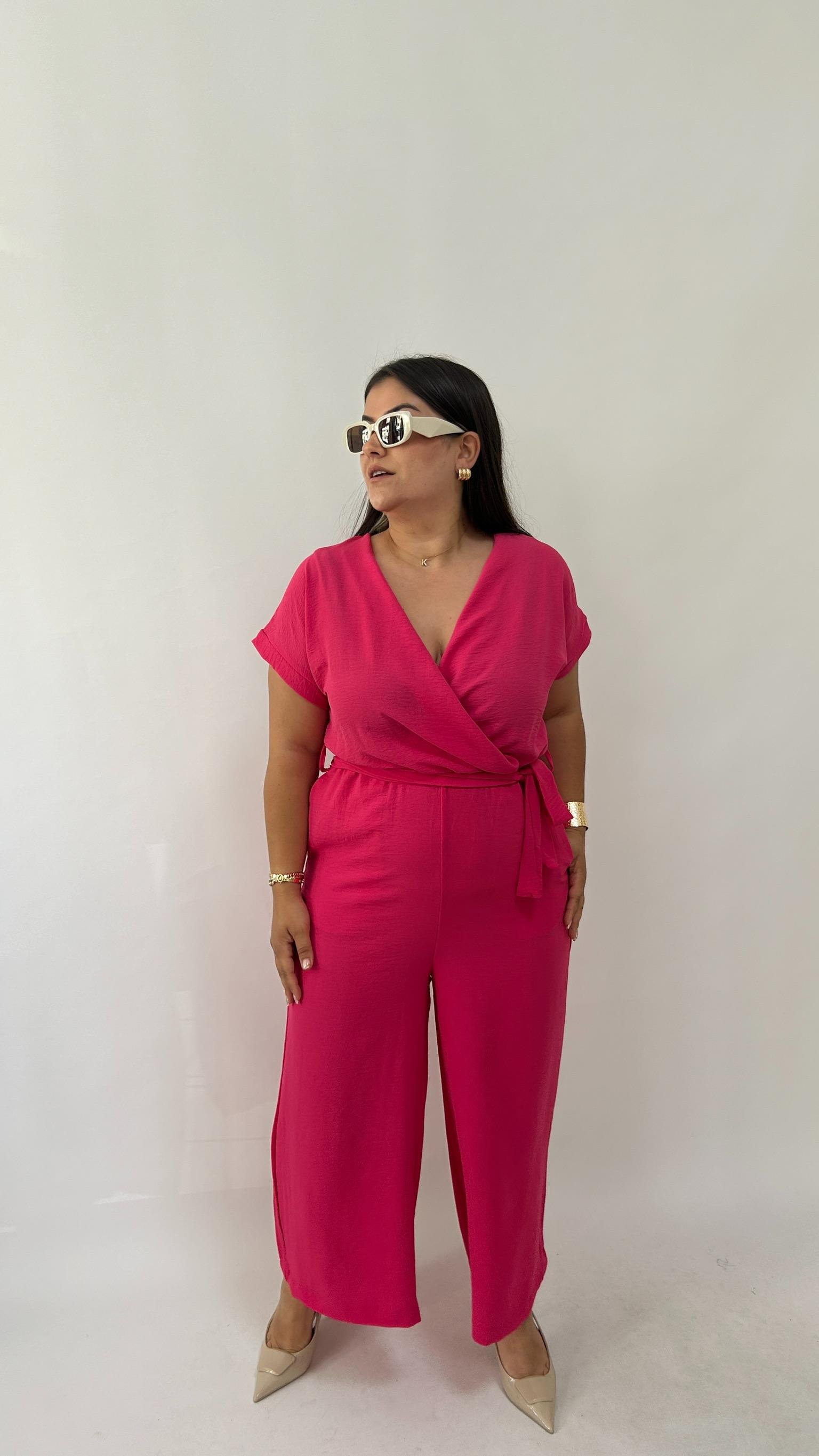 Kruvaze Yaka Pembe Dokuma Tulum 