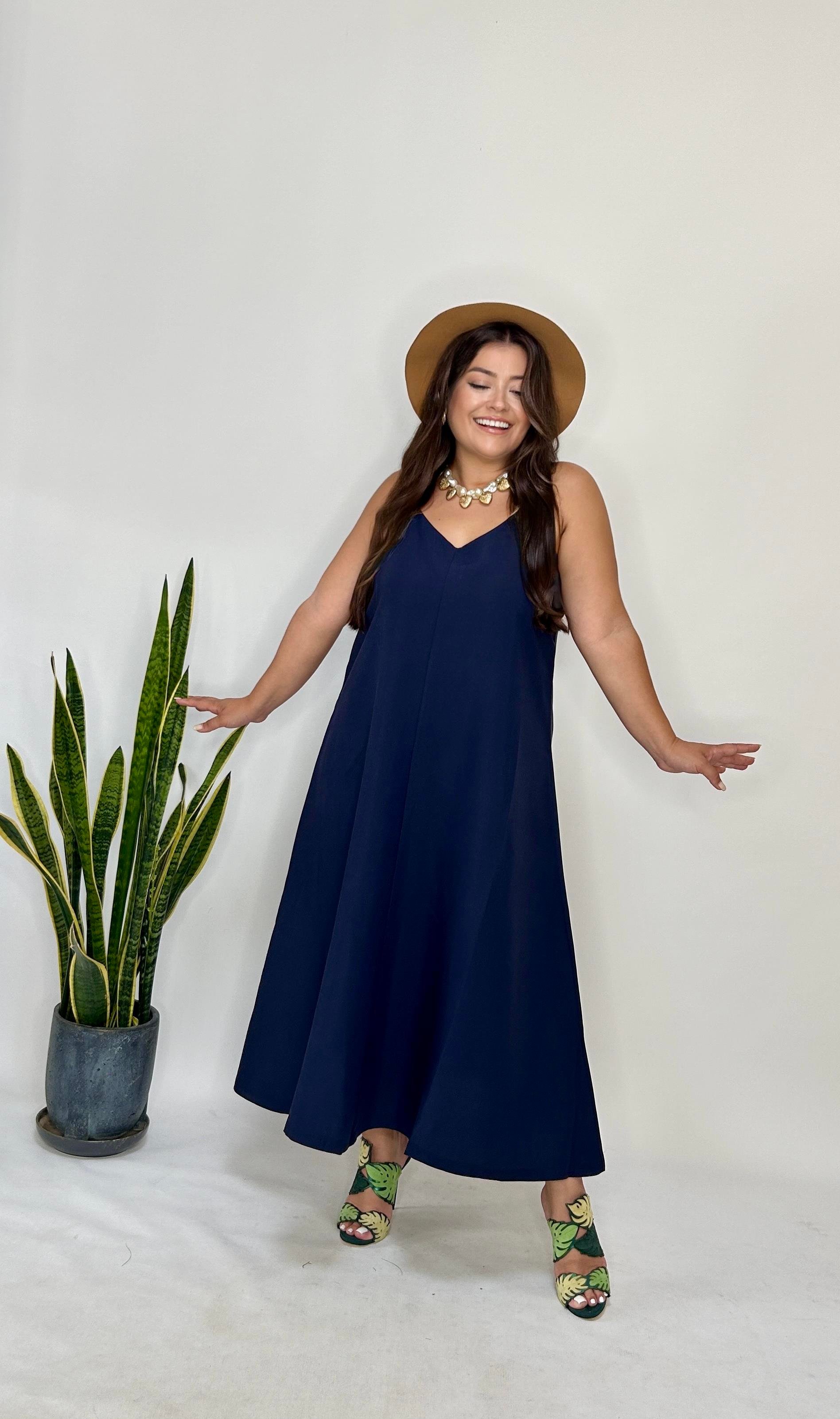 Lacivert Ayarlanabilir Askılı Cupro Elbise