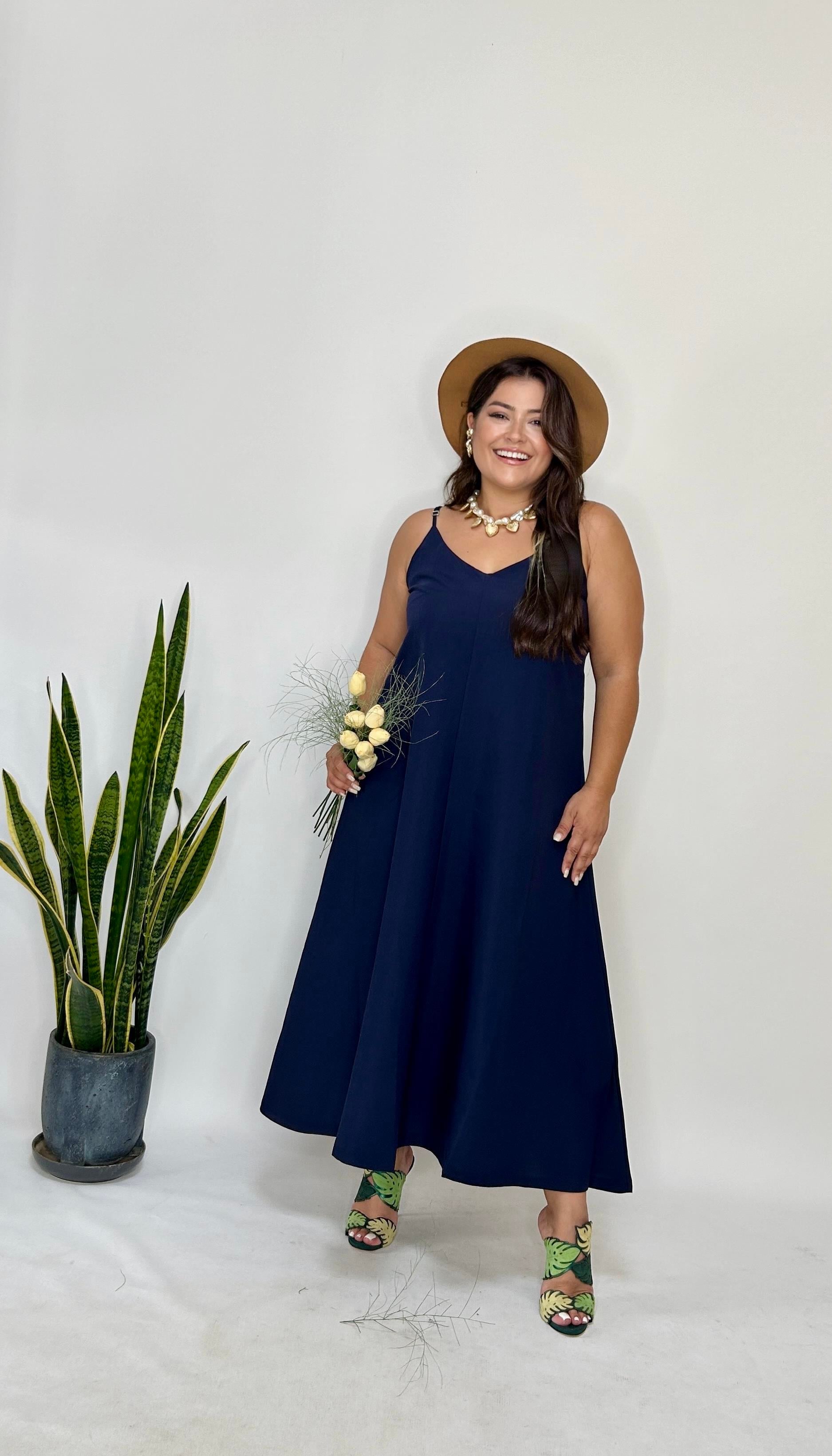 Lacivert Ayarlanabilir Askılı Cupro Elbise