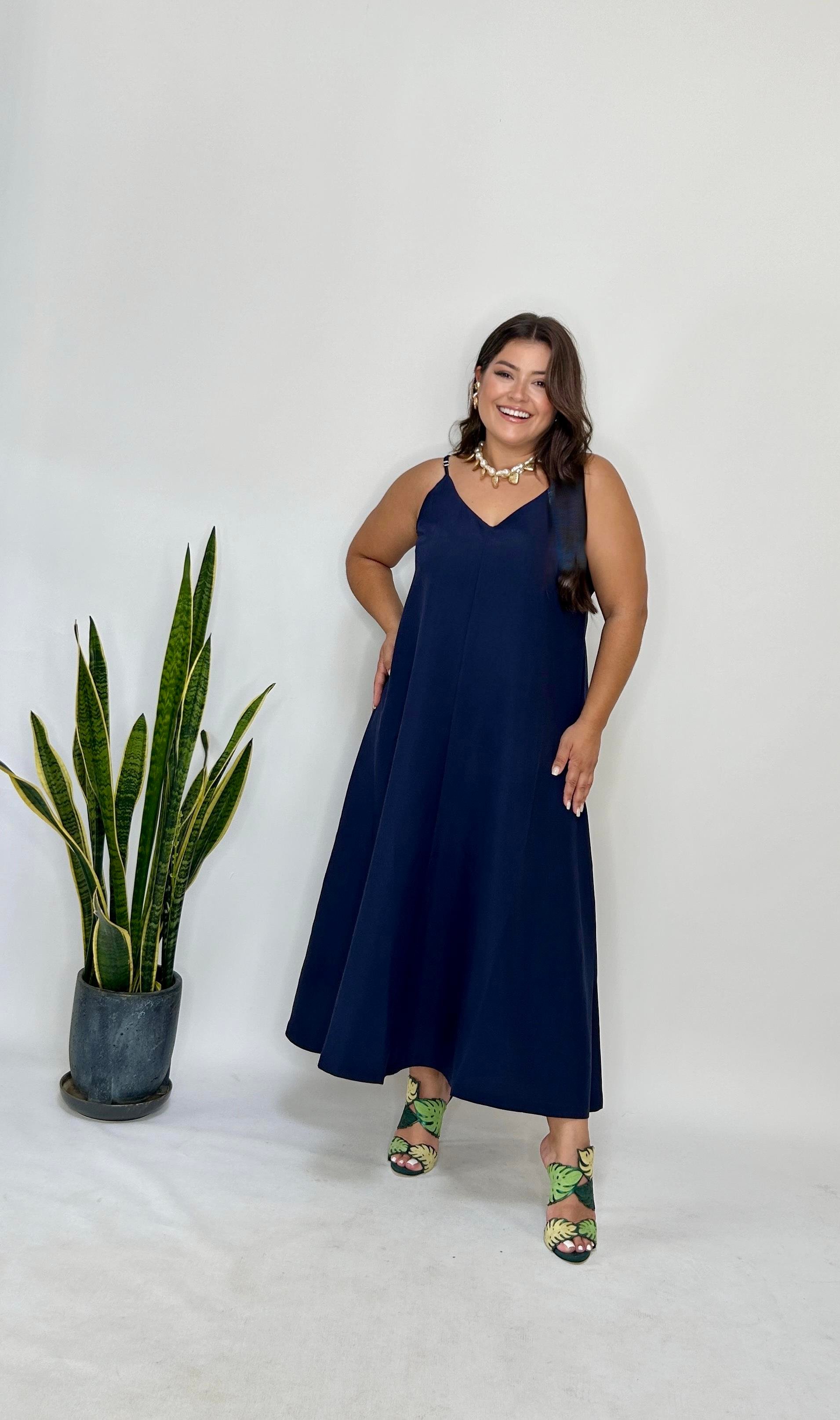 Lacivert Ayarlanabilir Askılı Cupro Elbise