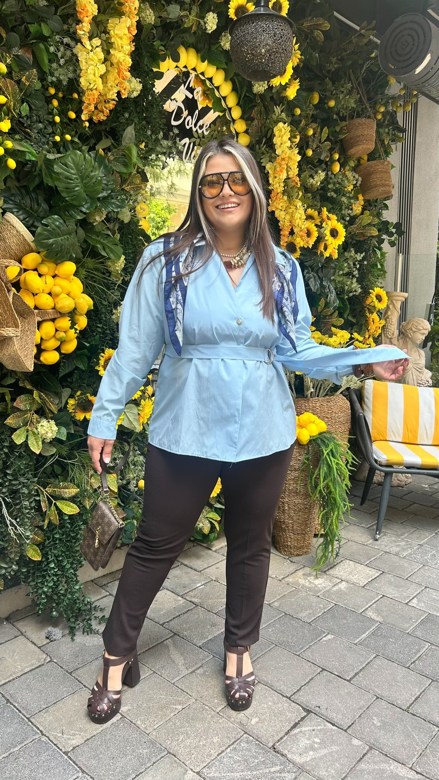 Mavi  Kemerli Poplin Gömlek