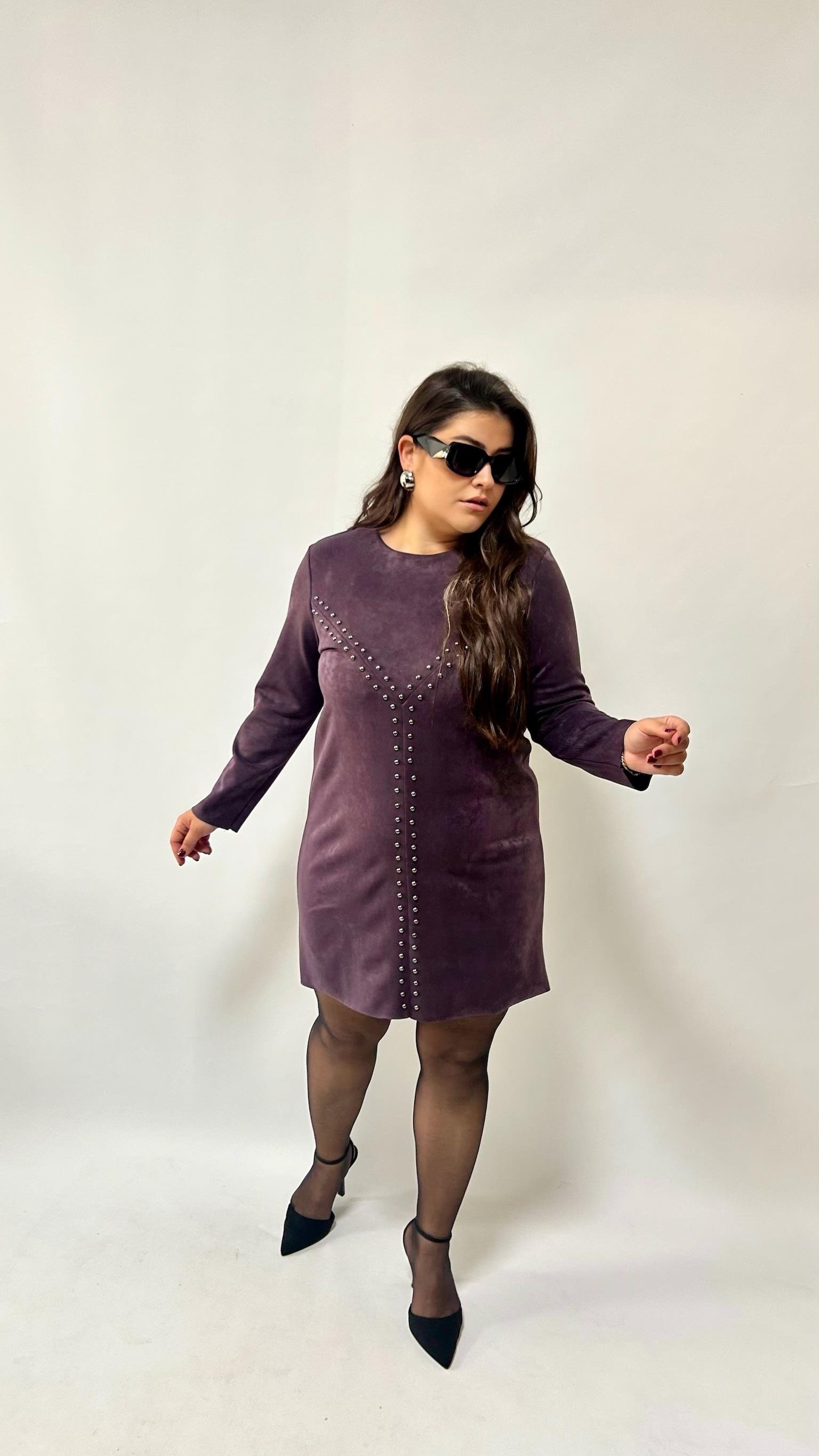 Nubuk Zımba Detay Mürdüm Elbise 