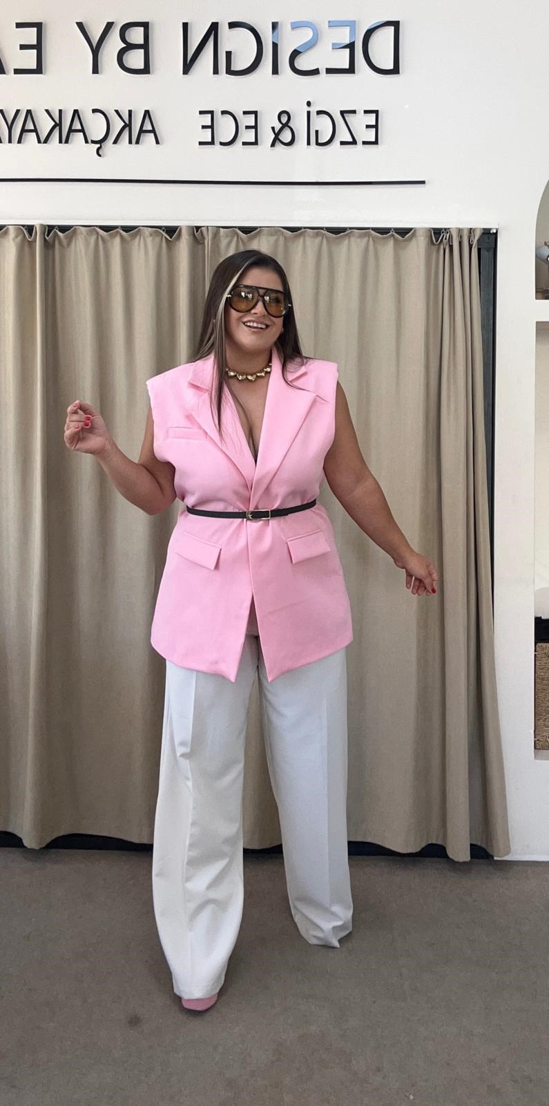 Pembe Vatkalı Blazer Yelek