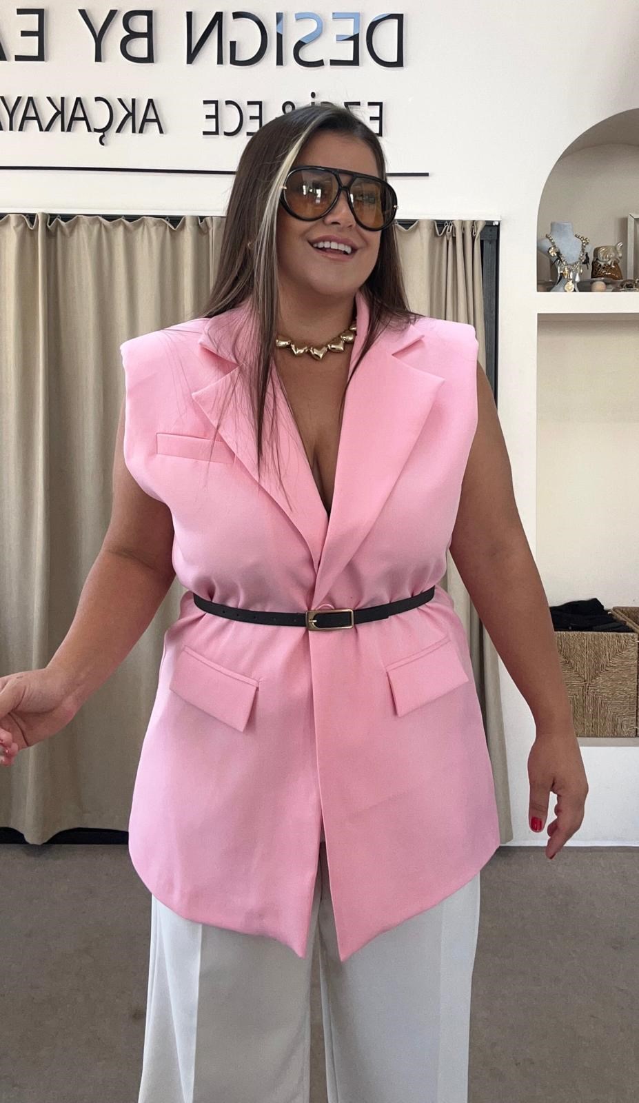Pembe Vatkalı Blazer Yelek
