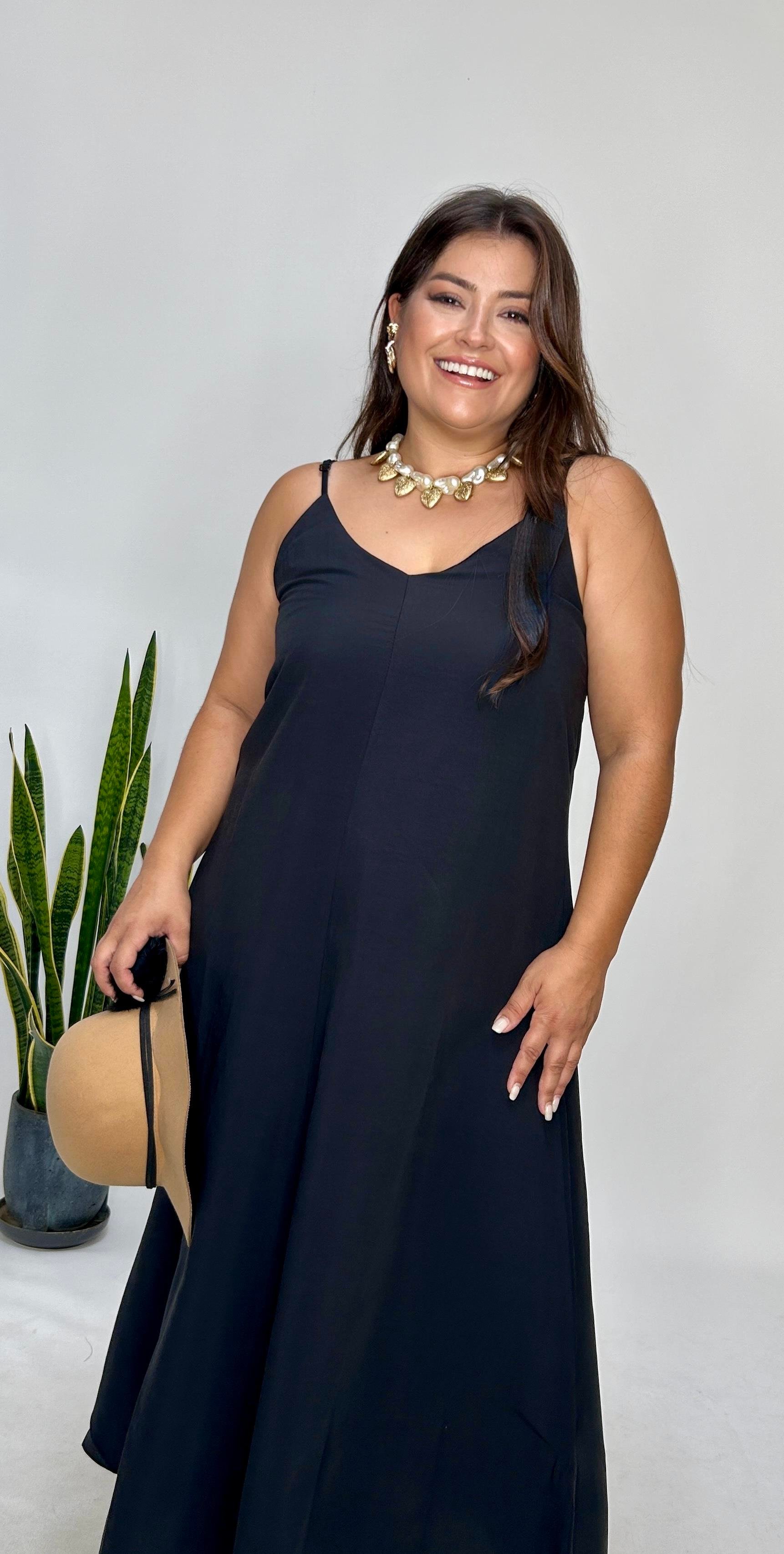 Siyah Ayarlanabilir Askılı Cupro Elbise