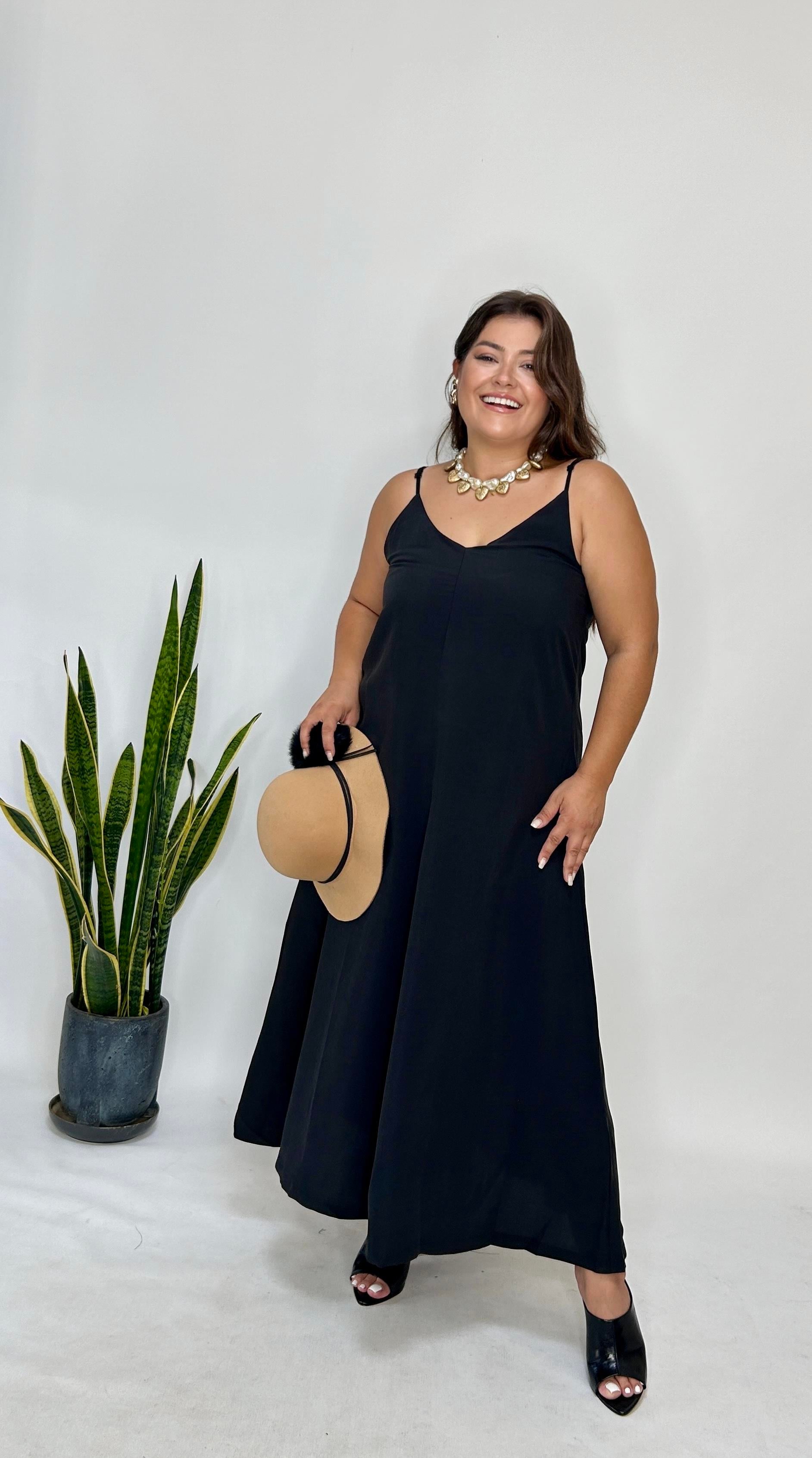 Siyah Ayarlanabilir Askılı Cupro Elbise