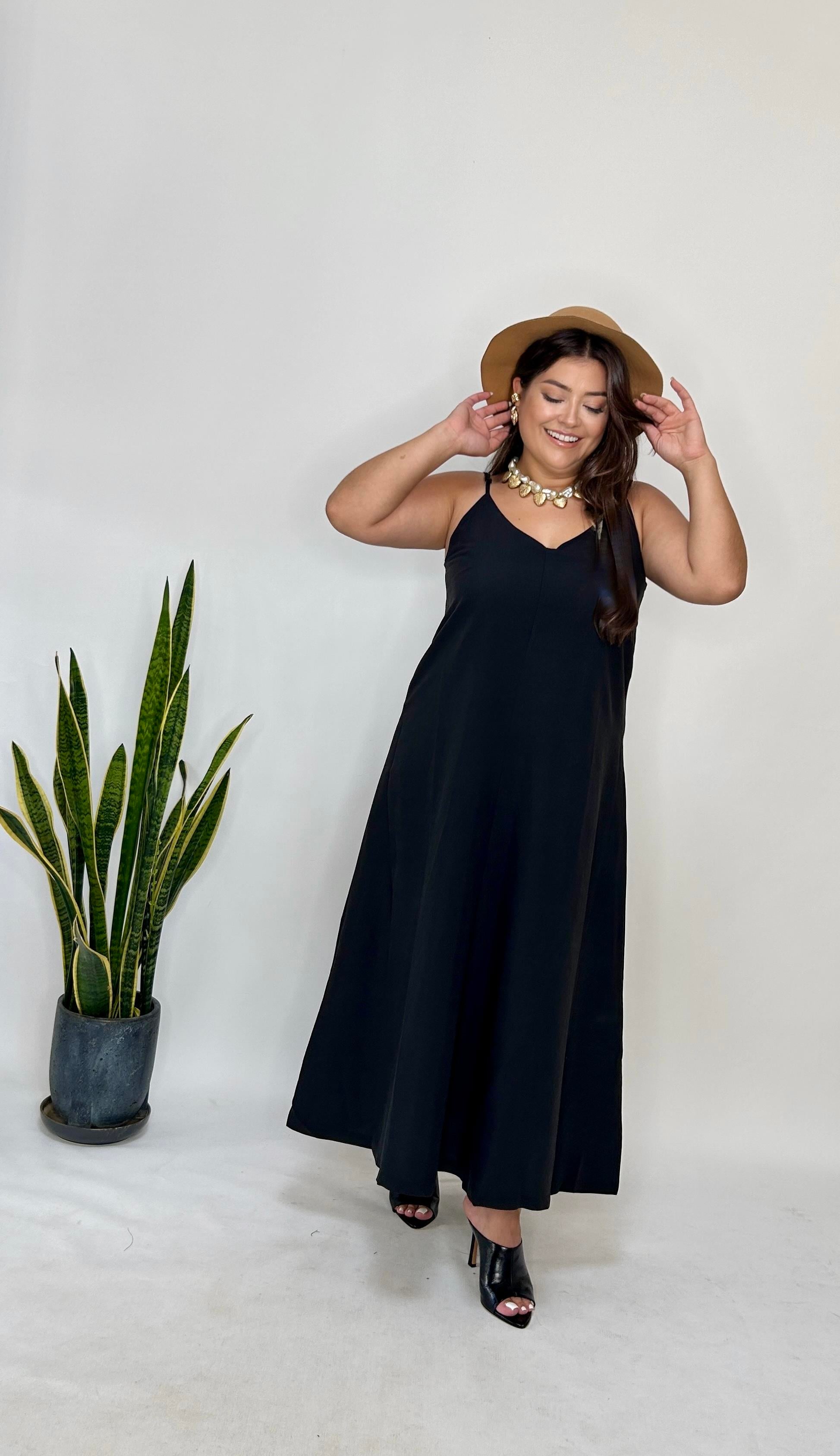 Siyah Ayarlanabilir Askılı Cupro Elbise