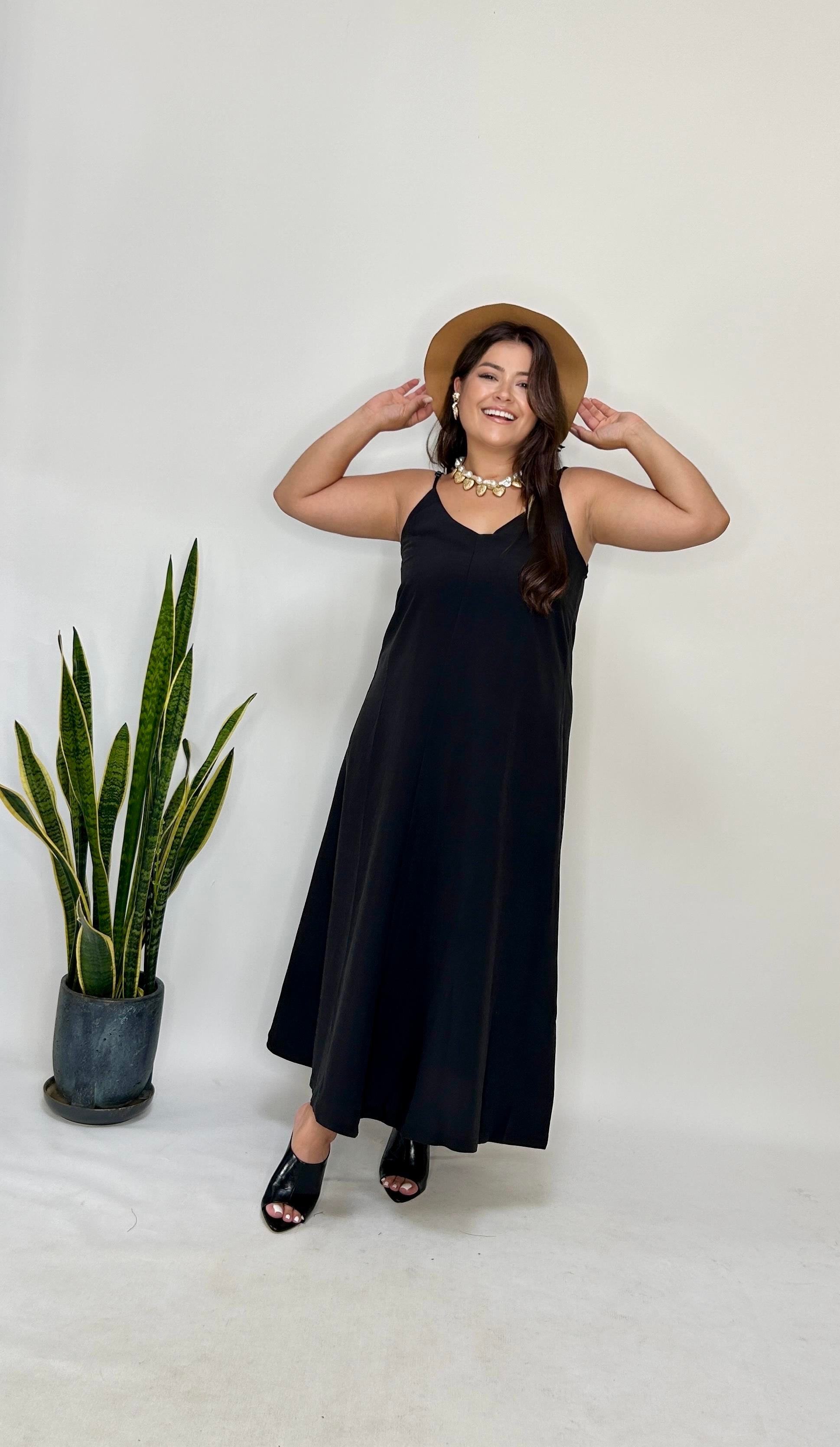 Siyah Ayarlanabilir Askılı Cupro Elbise