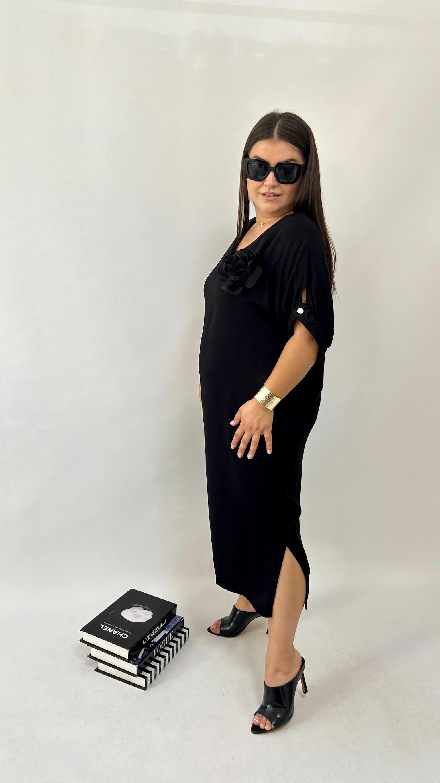 Siyah Dokuma Viskon Elbise 