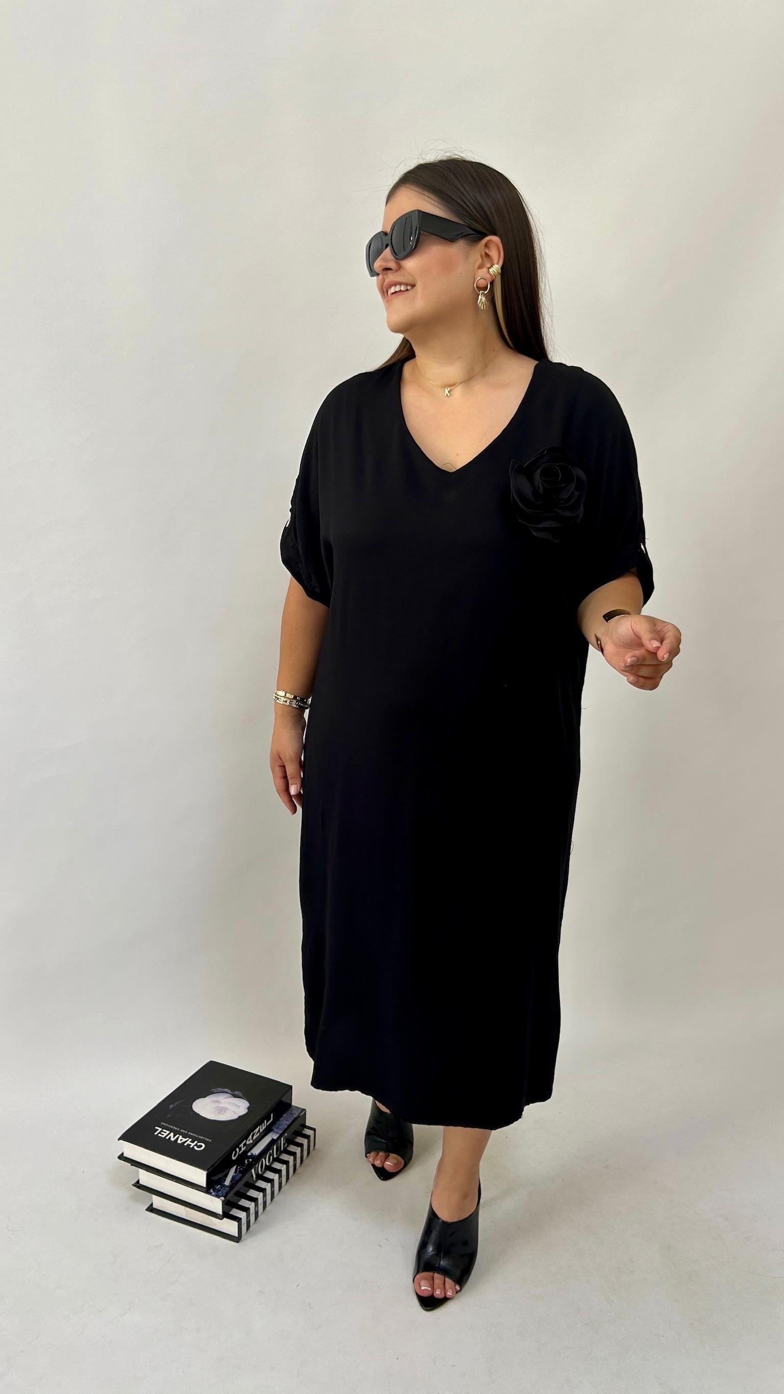 Siyah Dokuma Viskon Elbise 