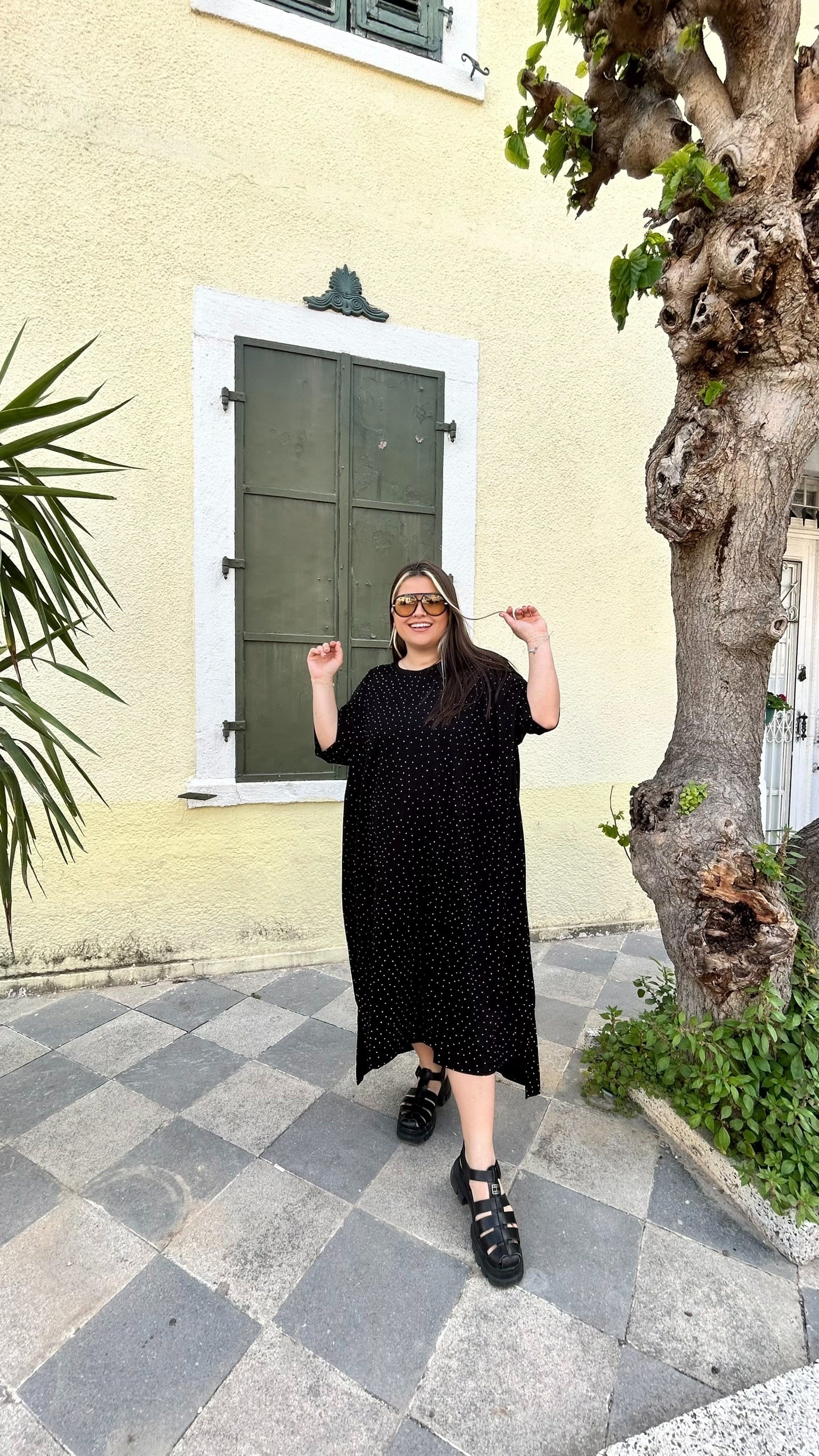 Taşlı Yarasa Kol Elbise