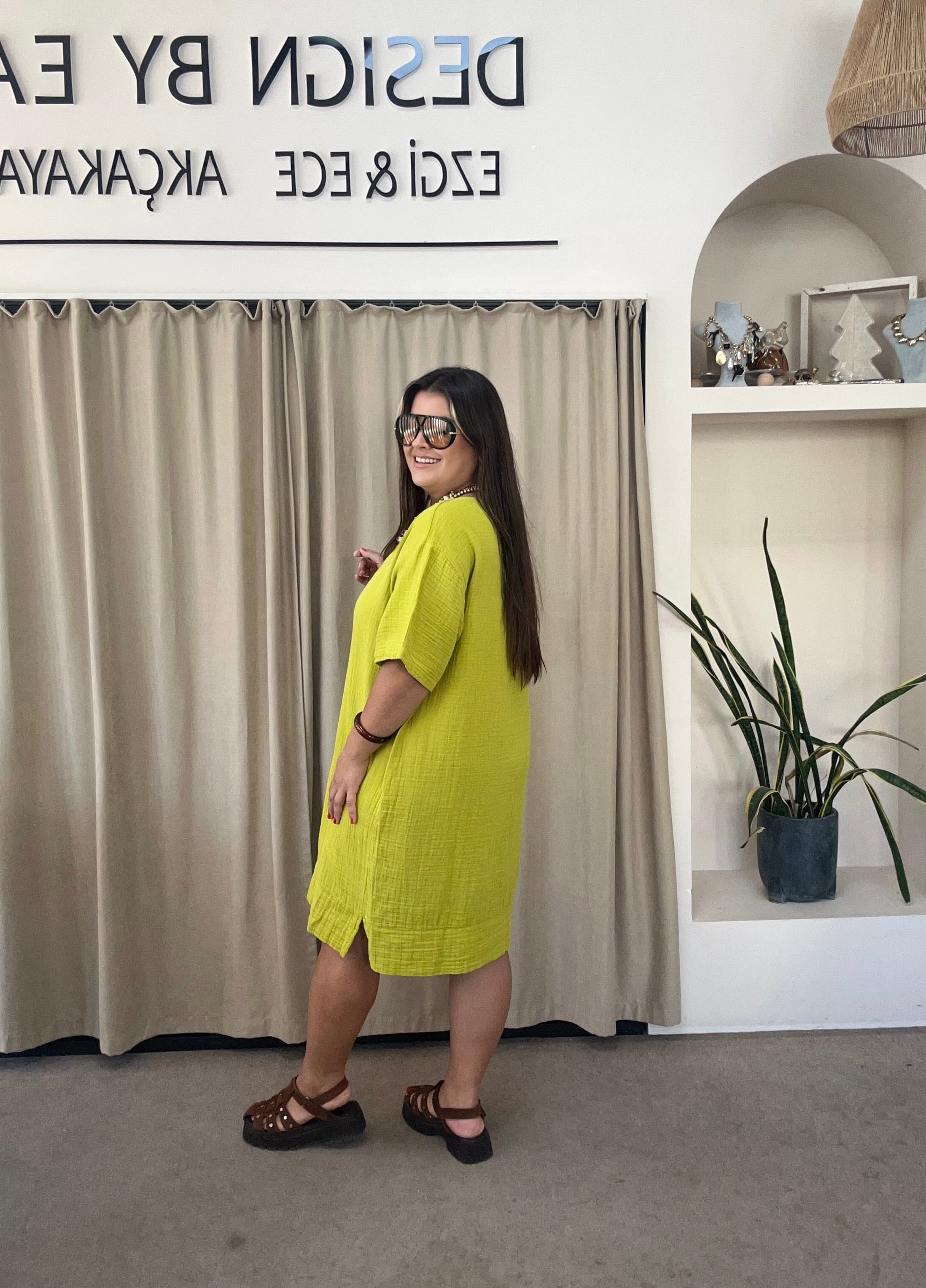 YB26760- Lime Rengi Müslin Yarım Kol Elbise