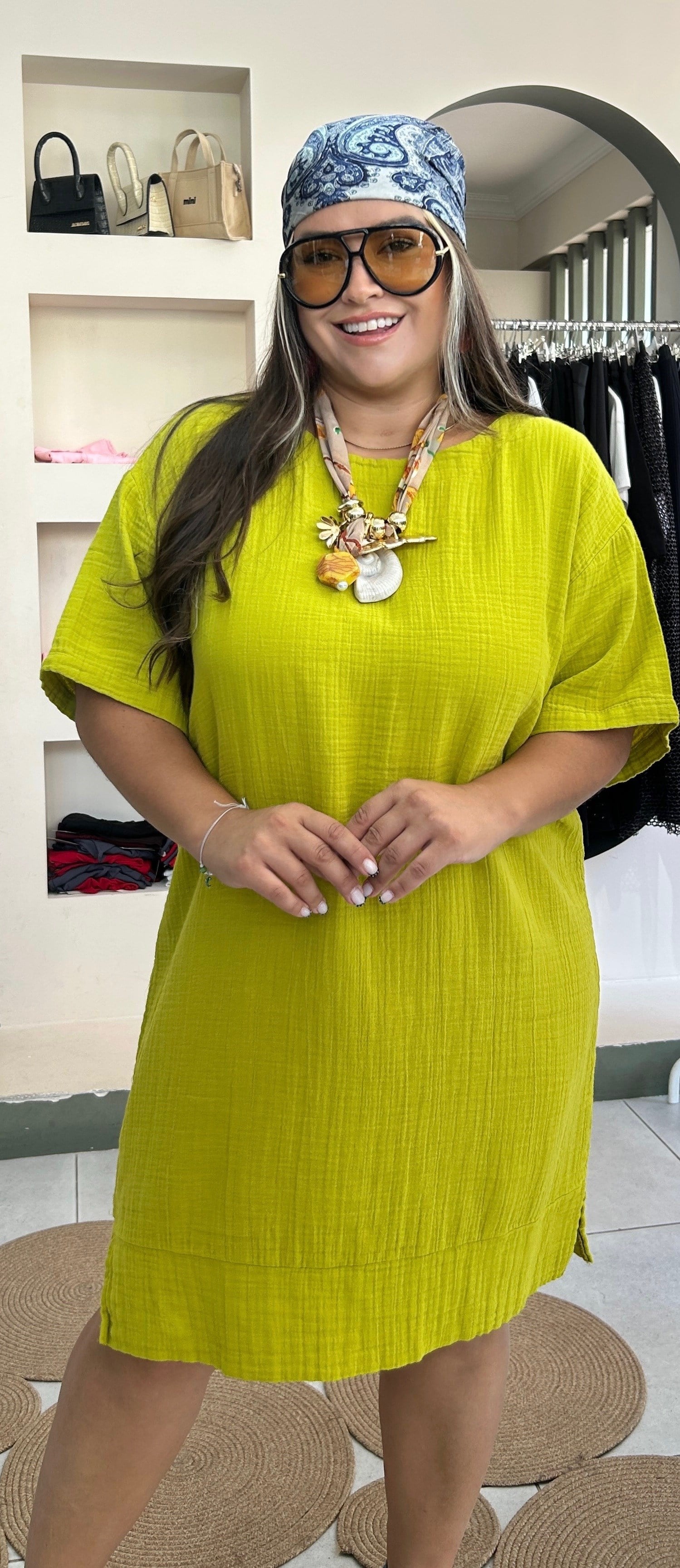 YB26760- Lime Rengi Müslin Yarım Kol Elbise