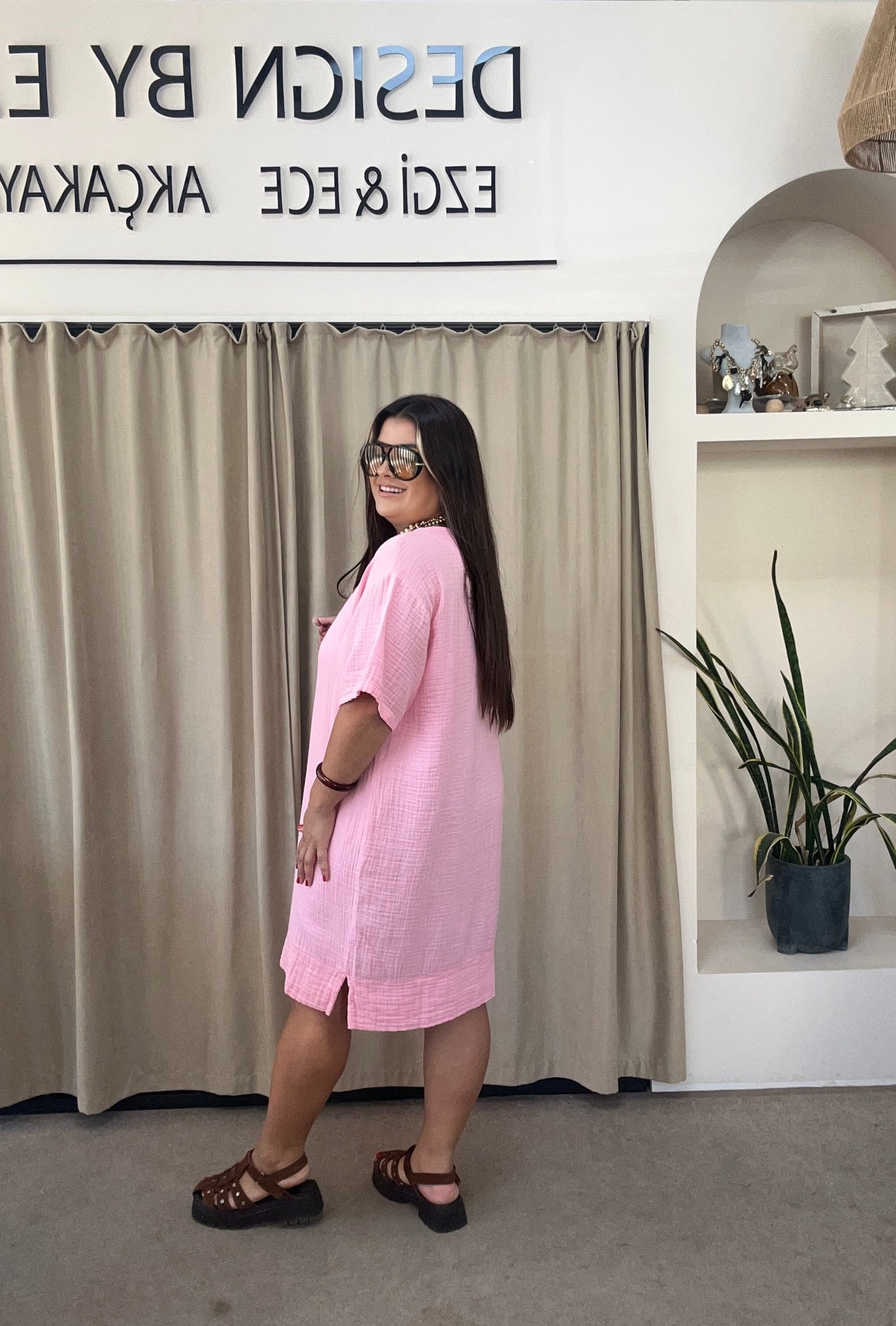 YB26760- Pembe Rengi Müslin Yarım Kol Elbise