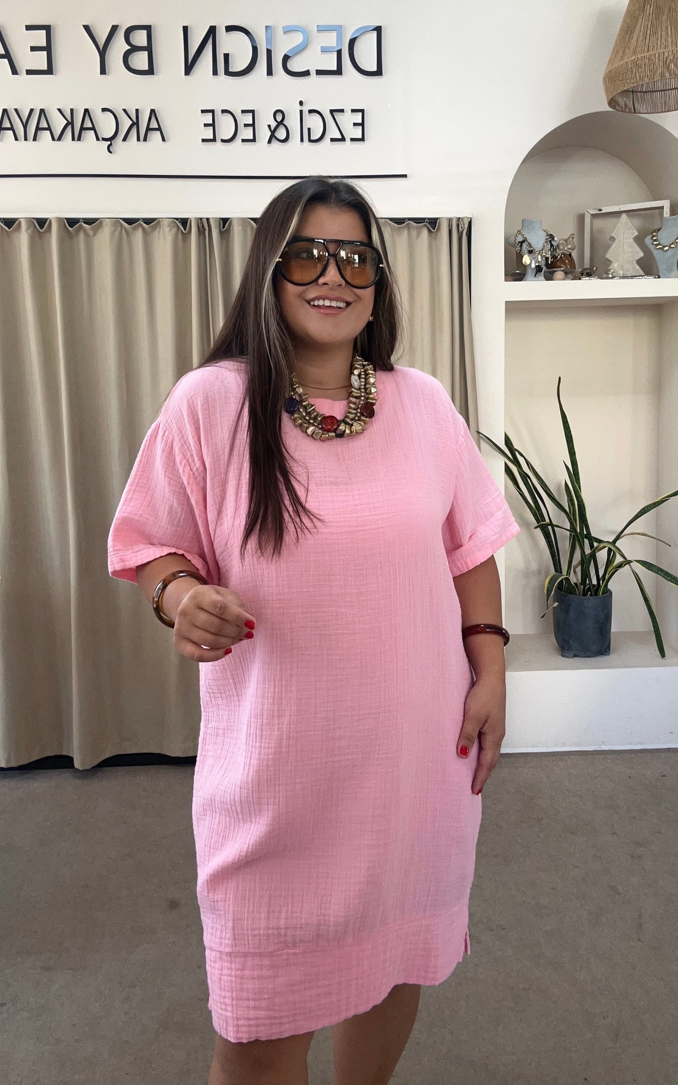 YB26760- Pembe Rengi Müslin Yarım Kol Elbise
