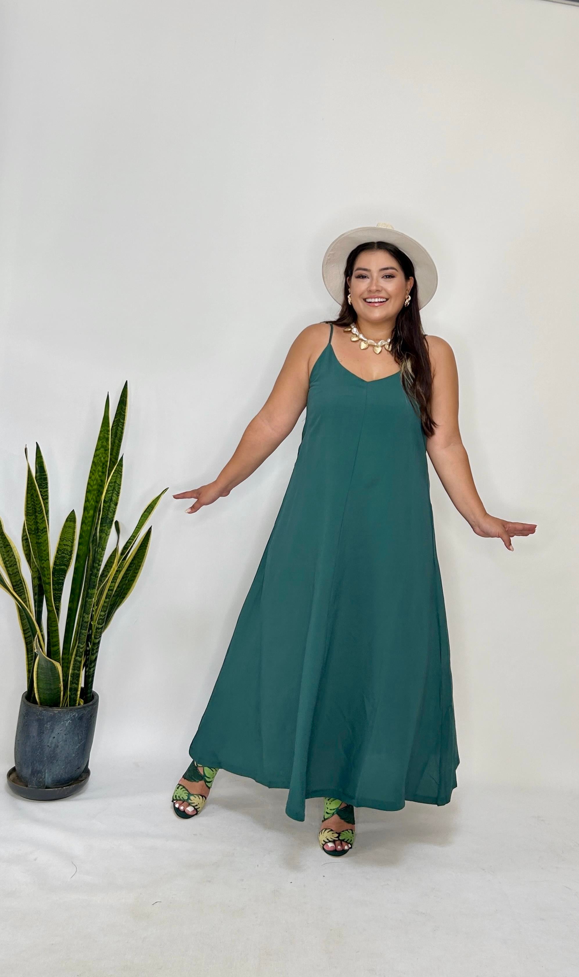 Yeşil Ayarlanabilir Askılı Cupro Elbise