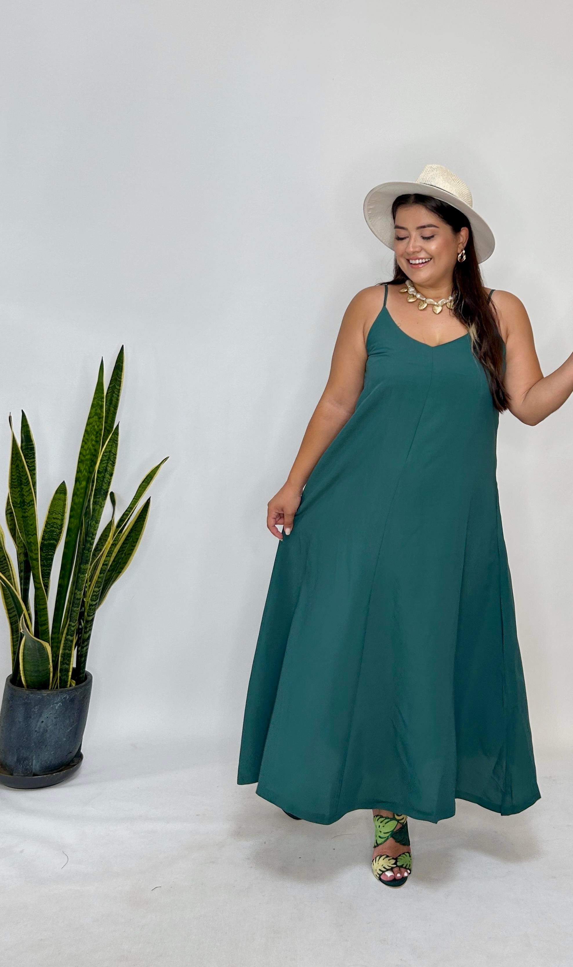 Yeşil Ayarlanabilir Askılı Cupro Elbise