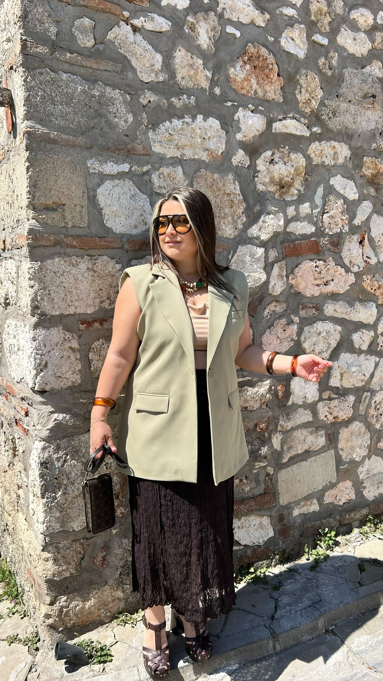 Yeşil Vatkalı Blazer Yelek