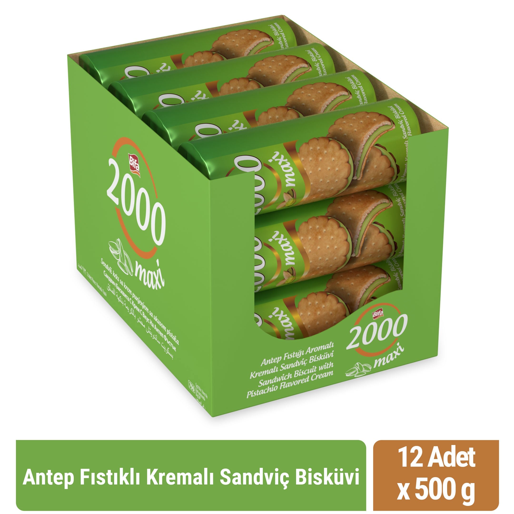 Bifa 2000 Antep Fıstıklı Kremalı Sandviç Bisküvi 500gr x 12 Adet