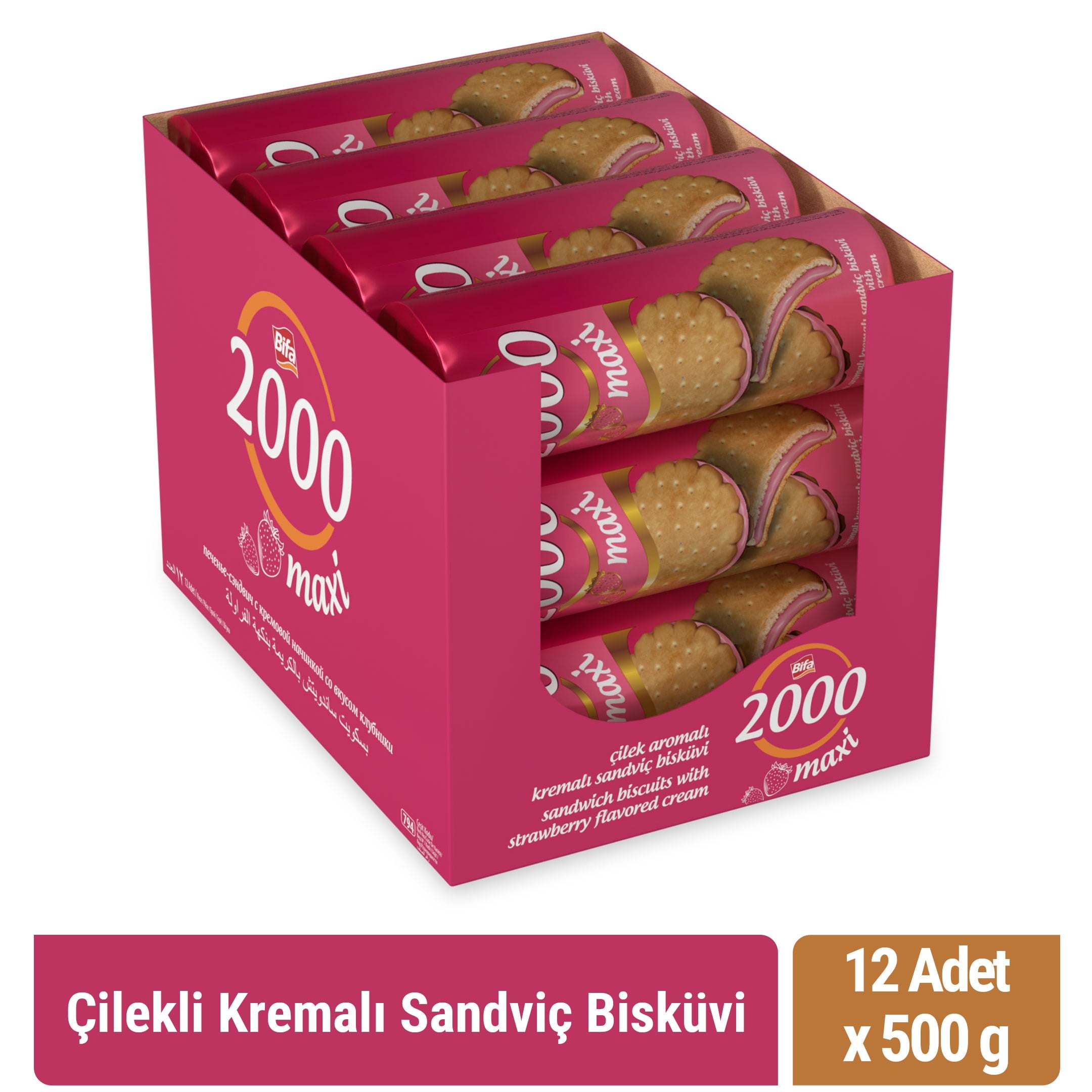 Bifa 2000 Çilekli Kremalı Sandviç Bisküvi 500gr x 12 Adet