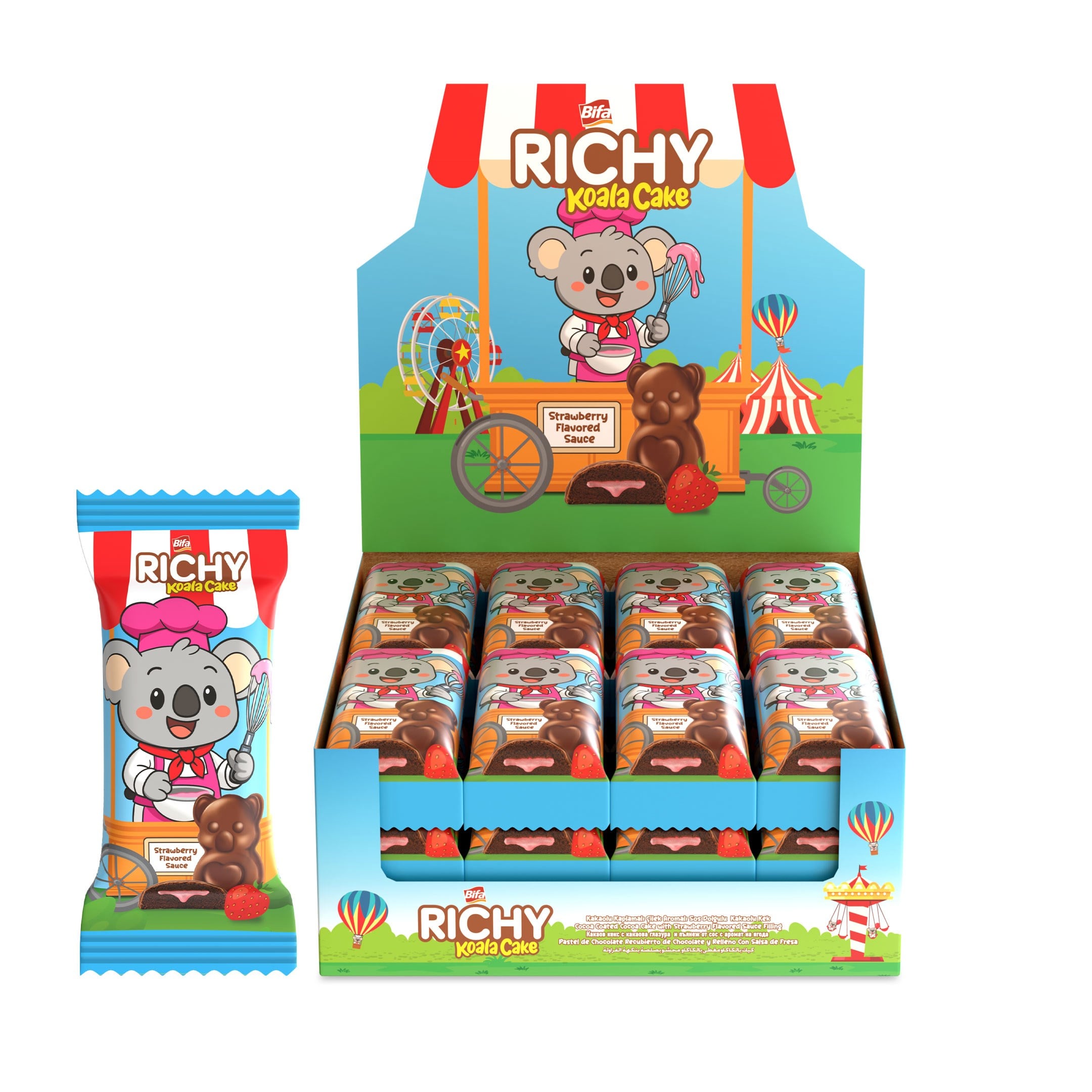 Bifa Richy Kaplamalı Çilekli Sos Dolgulu Kakaolu Kek 55 gr x 24 Adet